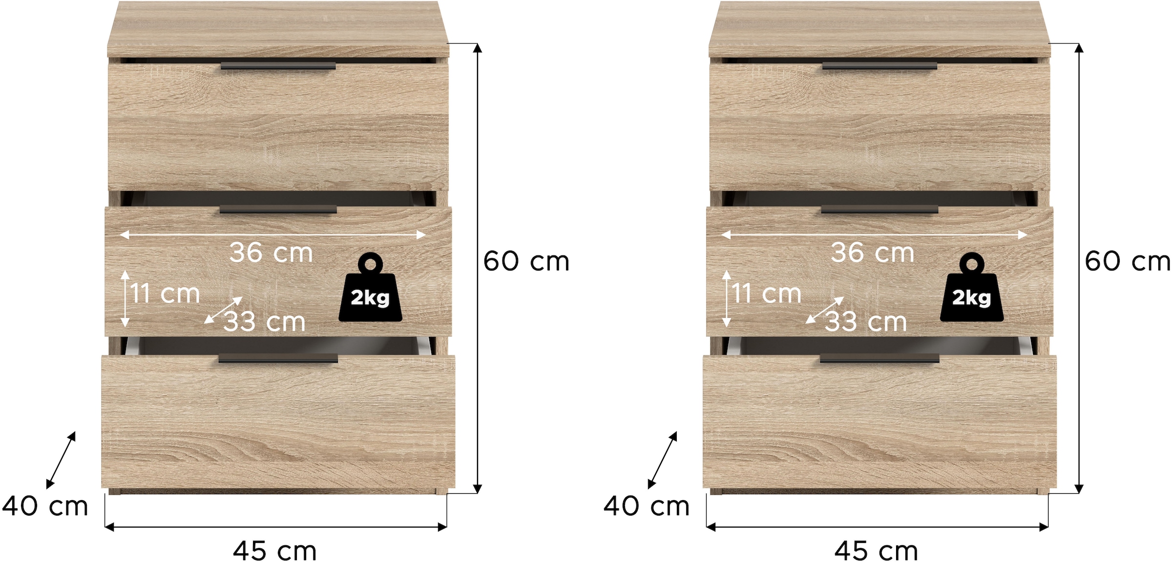 Home affaire Nachtkommode »Skarde 2 Nachttische, jeweils Breite: 45 cm« Set, Sie bekommen 2  Nachttische im Set, 2 Stk. tlg. Skarde, 2er Set Nachtkommoden, 3 Schubkästen, Sonoma Eiche NB