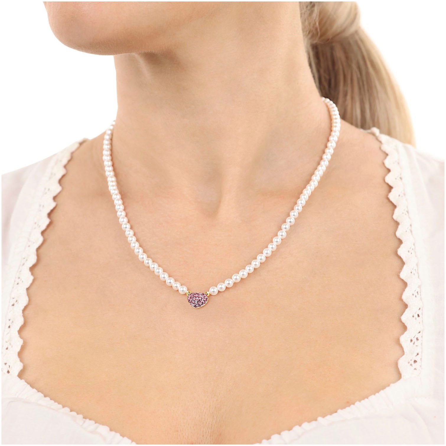 Amor Kette mit Anhänger »Herz, Trachtenschmuck, Volksfest, 2039225, 2039227«, mit Kristallglas - mit Muschelkernperle