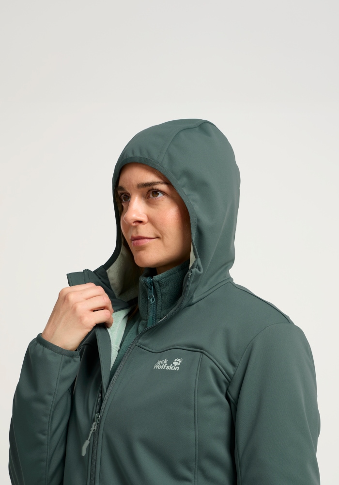Jack Wolfskin Softshellmantel »WINDHAIN 2 COAT W« Softshellmantel mit Kapuze, winddicht, wasserabweisend