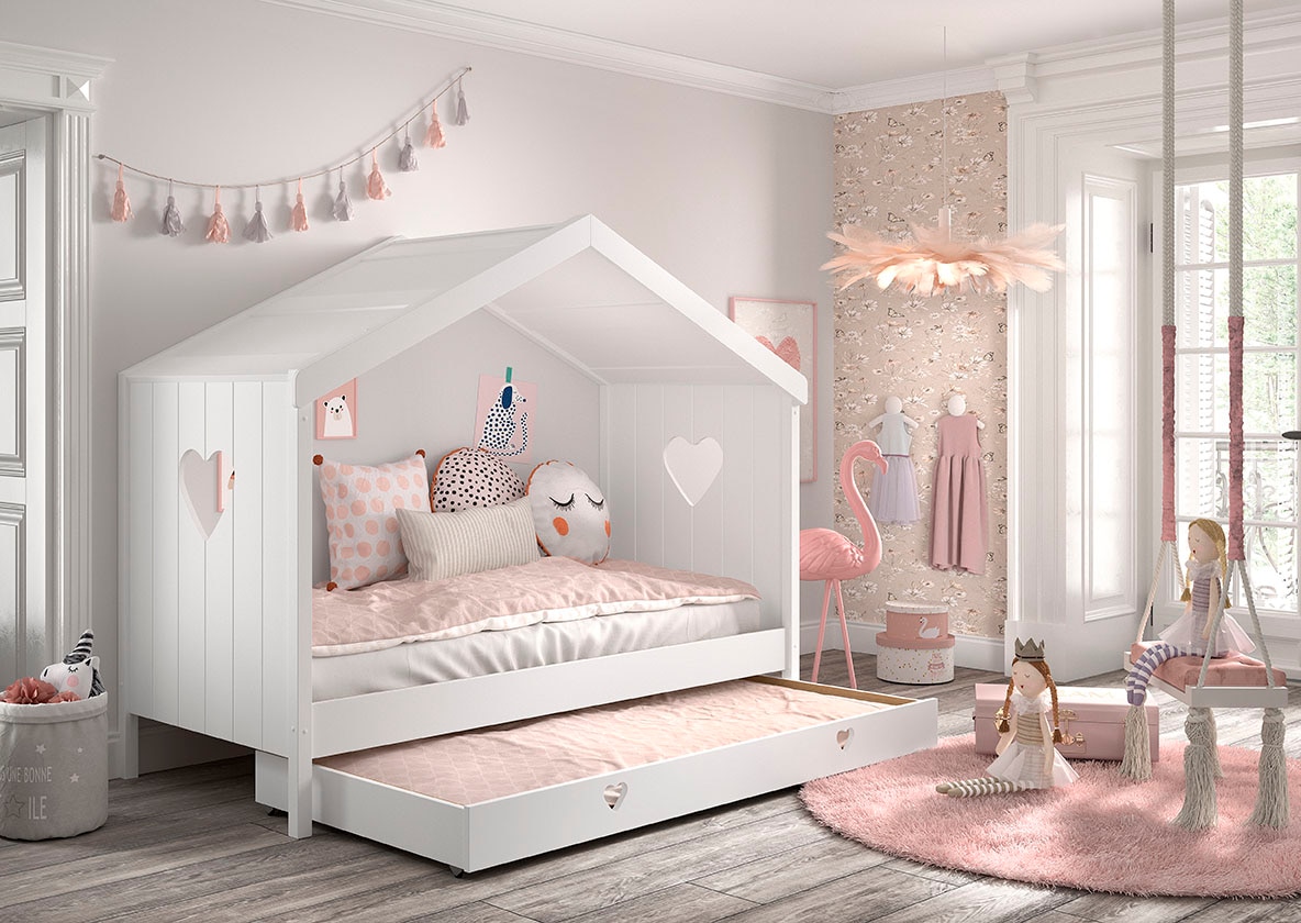 Vipack Hausbett »Amori, inkl. Dach, Rückseitig offen, mit Rolllattenrost« B/H/T ca. 213x171,7x98,7cm, verspielte Herz-Ausschnitte seitlich,  wahlweise, mit oder ohne Schublade und Absturzschutz, weiß lackiert