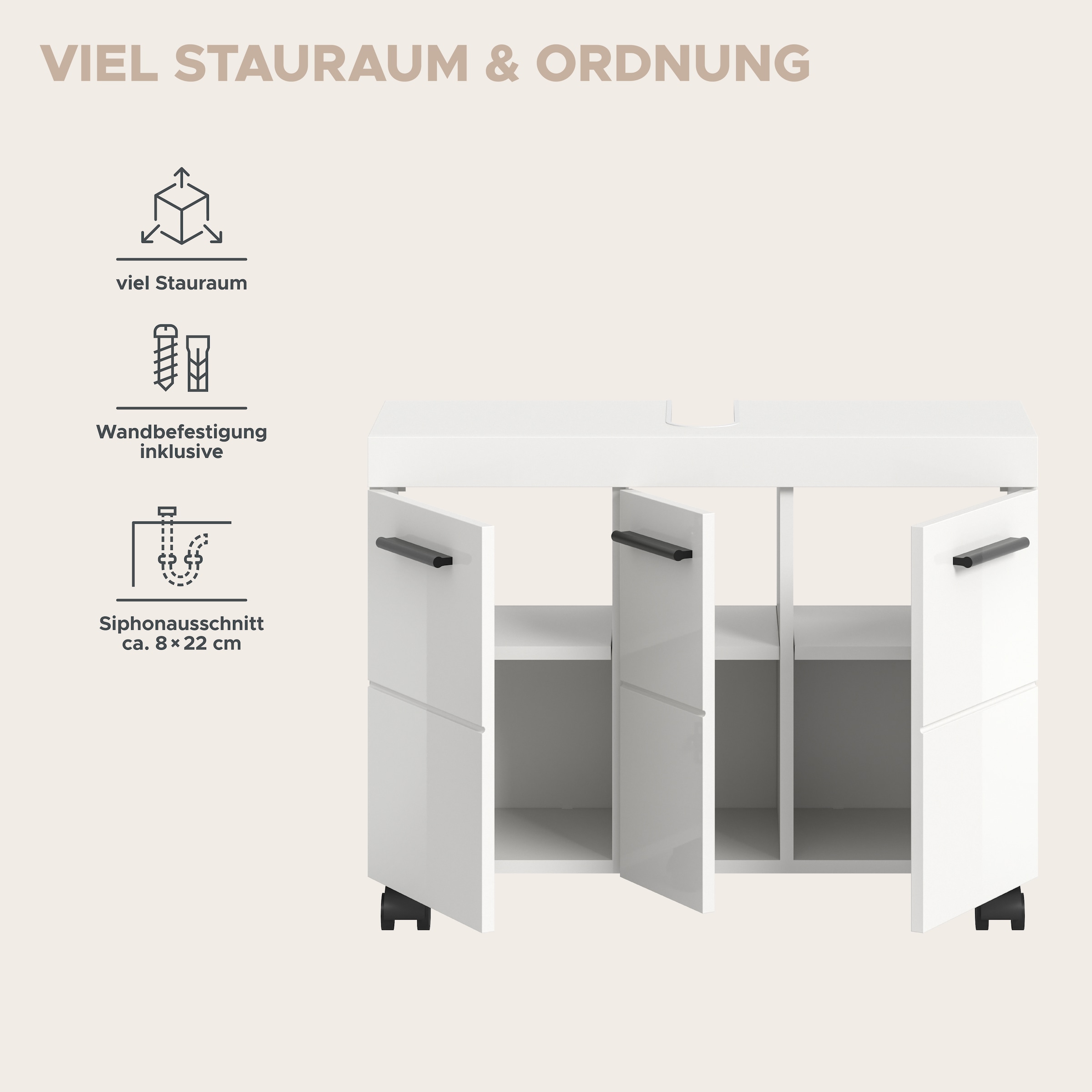 welltime Waschbeckenunterschrank »AVON, Breite 80 cm, 3 Türen, 3 Einlegböden, 6 Fächer« mit Siphonausschnitt 22x8 cm, Rückwand mit Ausschitt,  Badmöbel, Badschrank, Unterschrank, Waschtisch, Kommode, Bad