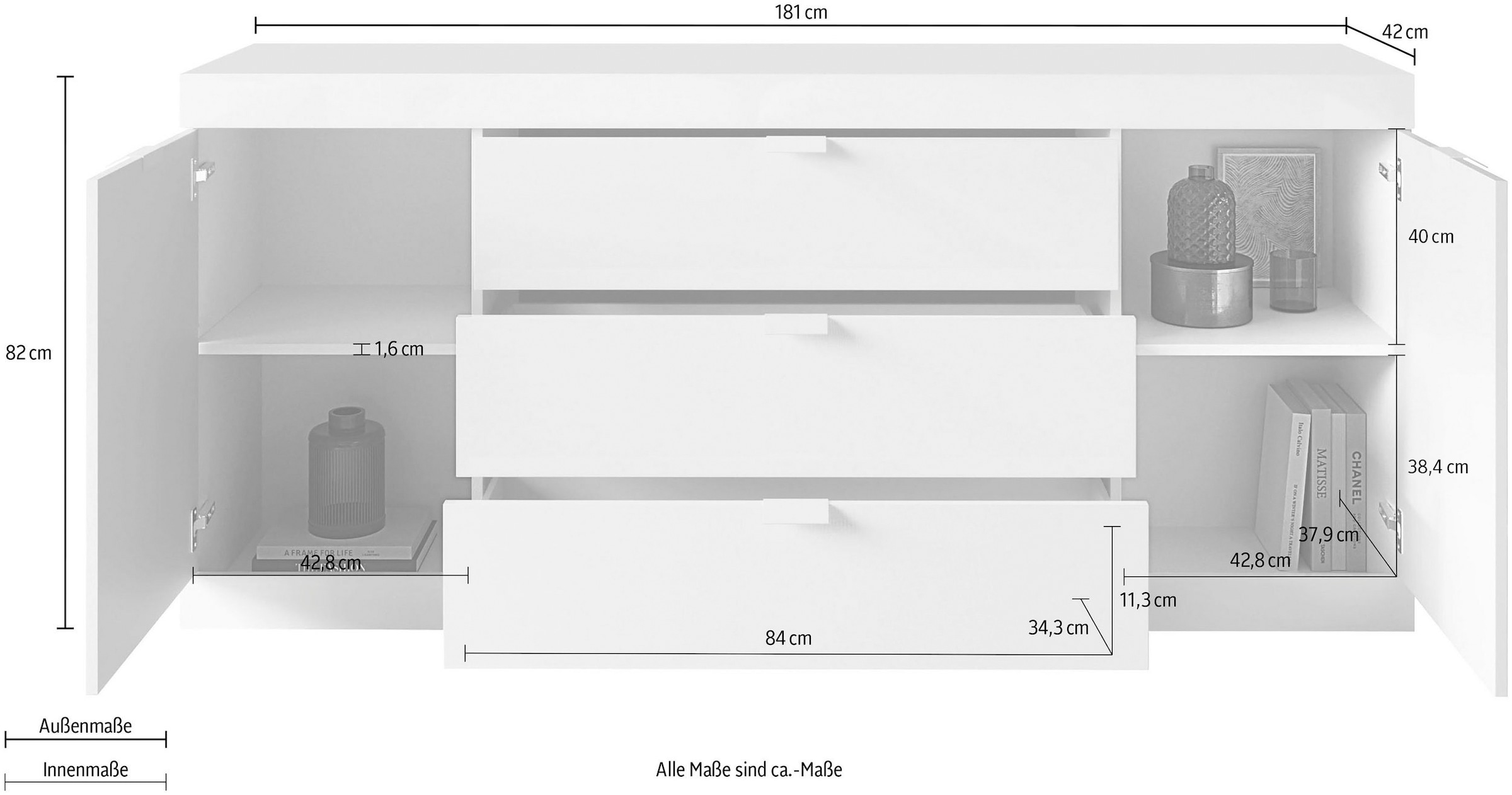 LC Sideboard »Slim«, Breite 181 cm, weiß Hochglanz Lack