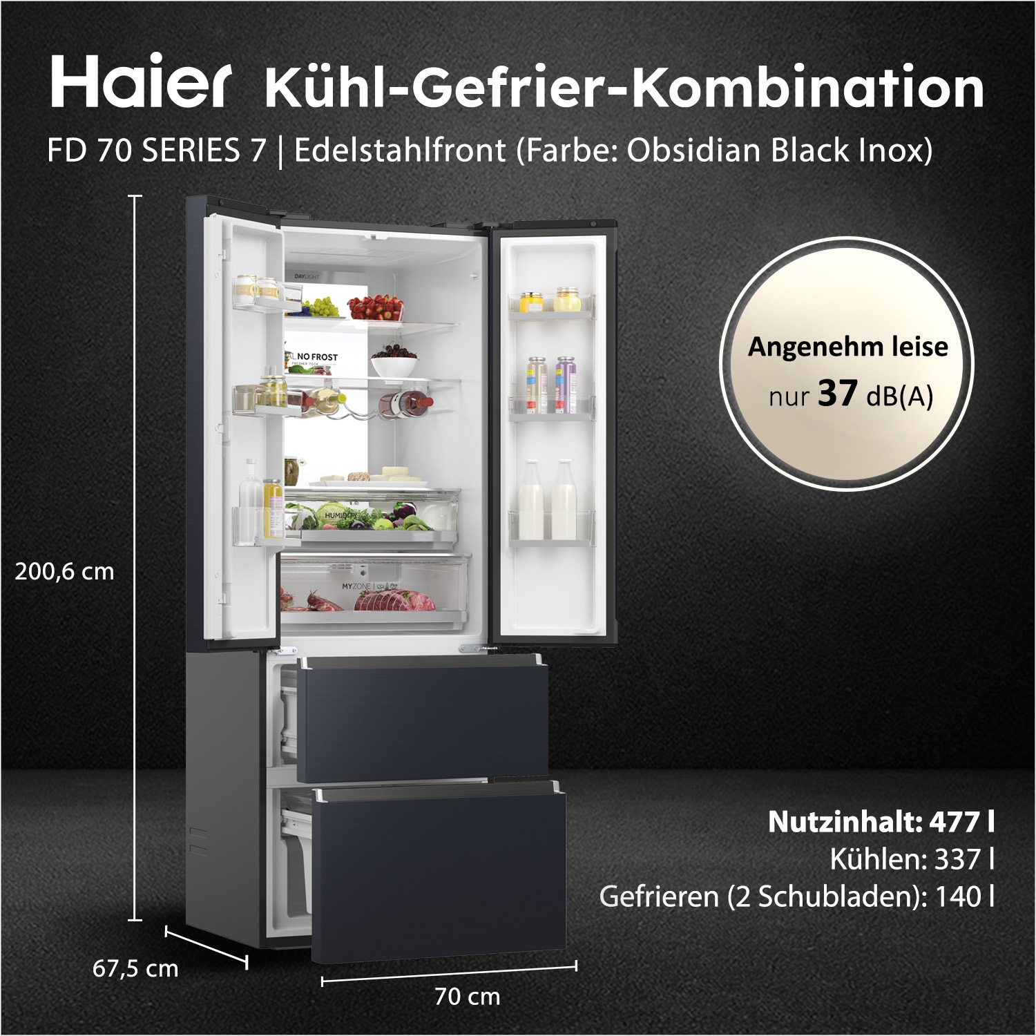 Haier French Door »HFW7720ENMB« 200,6 cm hoch 70 cm breit 201 cm hoch, 70 cm breit, Easy Access-Gefrierschubladen