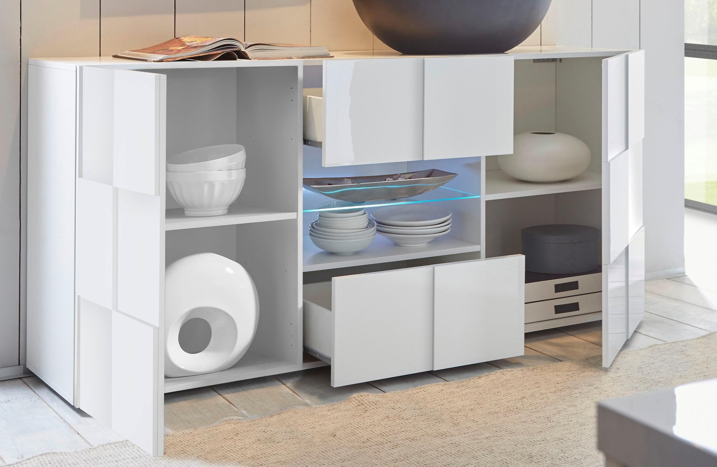 INOSIGN Sideboard »Dama Breite 181, Kommode 2 Türen u. 2 Schubkästen, Anrichte«, Front in 3D-Optik, viel Stauraum, verschiedene Farben