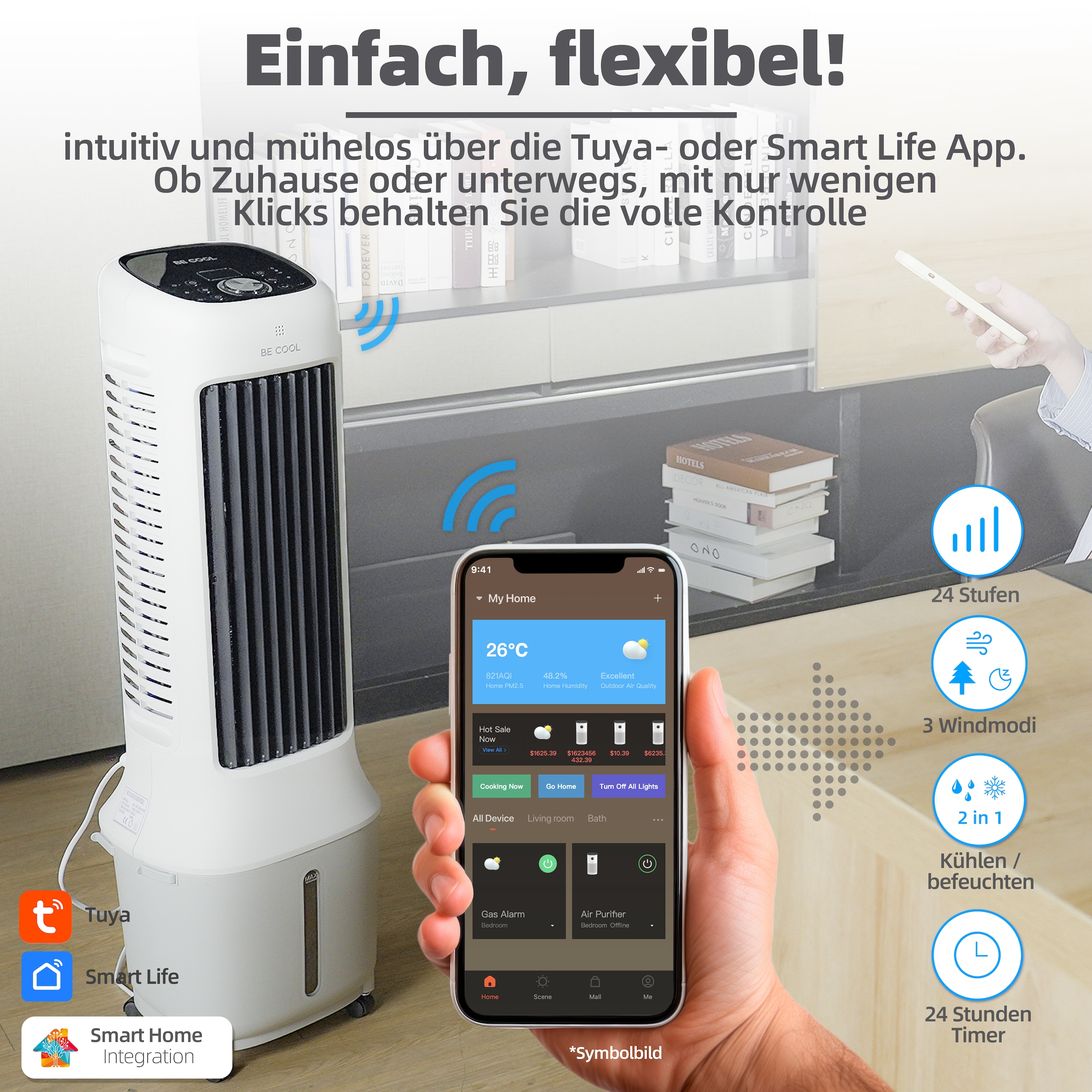 be cool Ventilatorkombigerät »Premium Turmluftkühler mit Wifi und abnehmb. 10l Tank«, 24 Geschwindigkeitsstufen, abnehmbarer Wassertank, WiFi