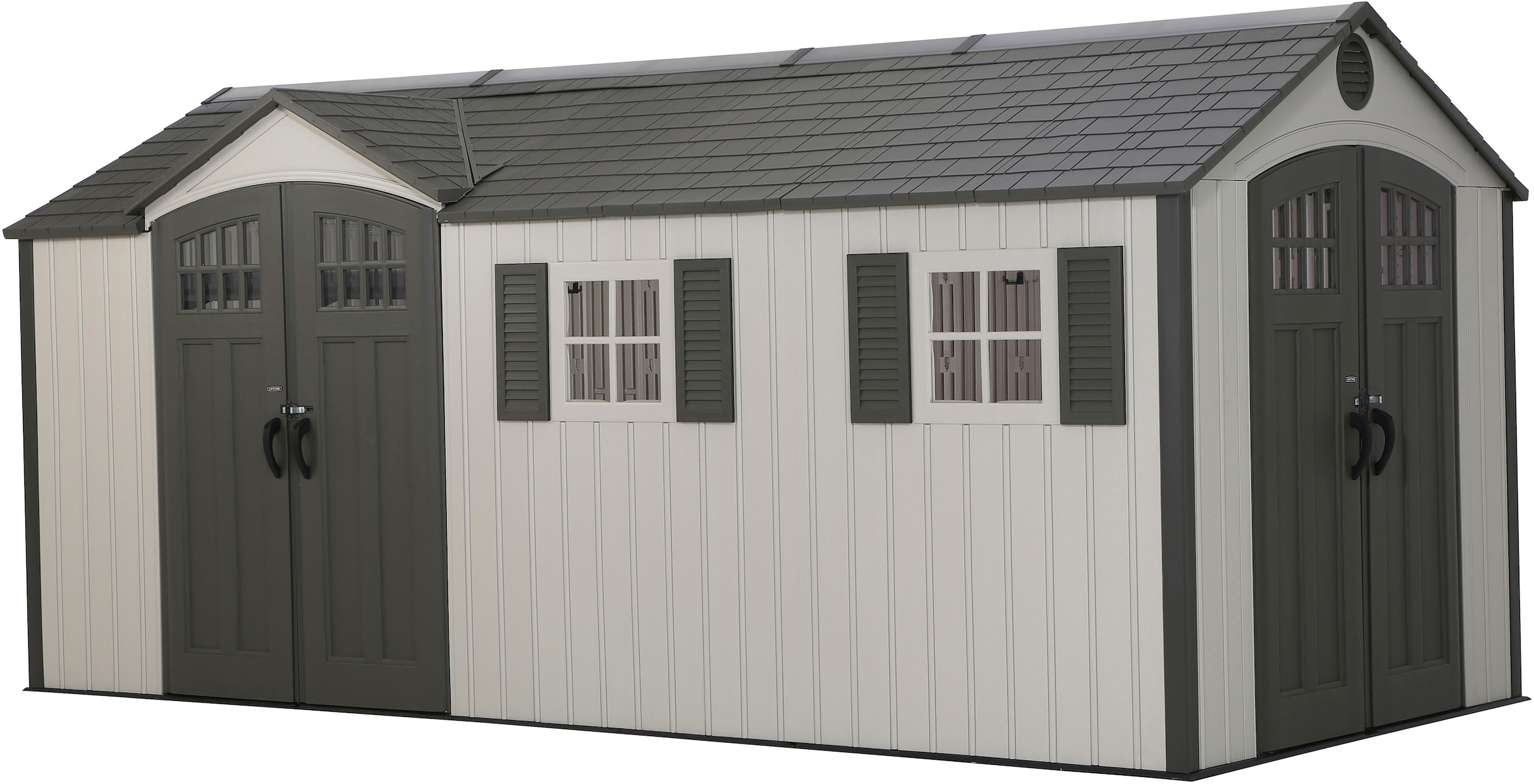 Lifetime, Gerätehaus »Chateau« Kunststoff, inkl. Fußboden, Regale und Werkzeugtasche, grau, HDPE (High Density Polyethylen), Kunststoff, grau