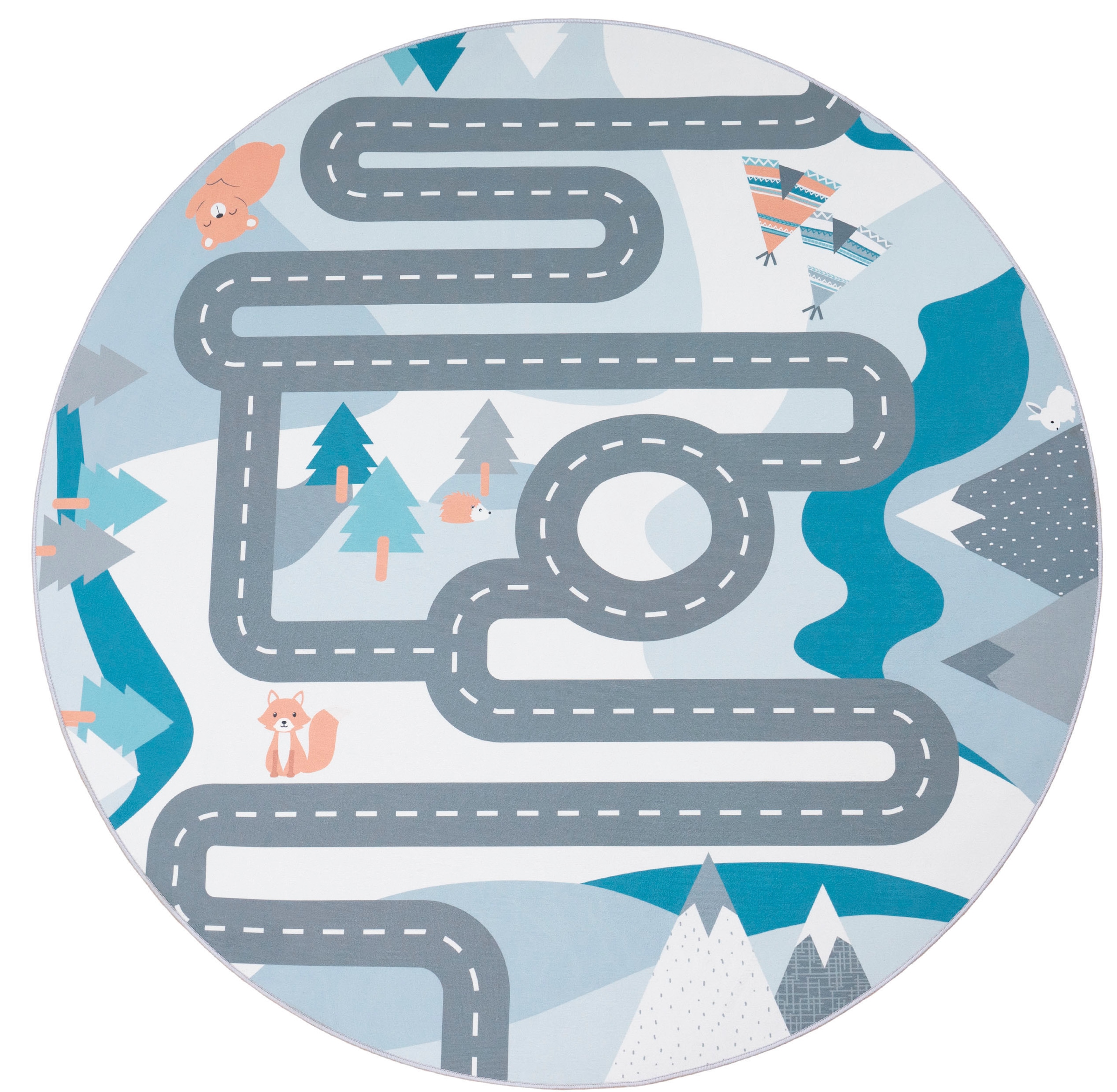 Paco Home Kinderteppich »Bino 574«, rund, 4 mm Höhe, Kurzflor, Straßen-Spiel-Teppich, Tippis & Wald, Kinderzimmer