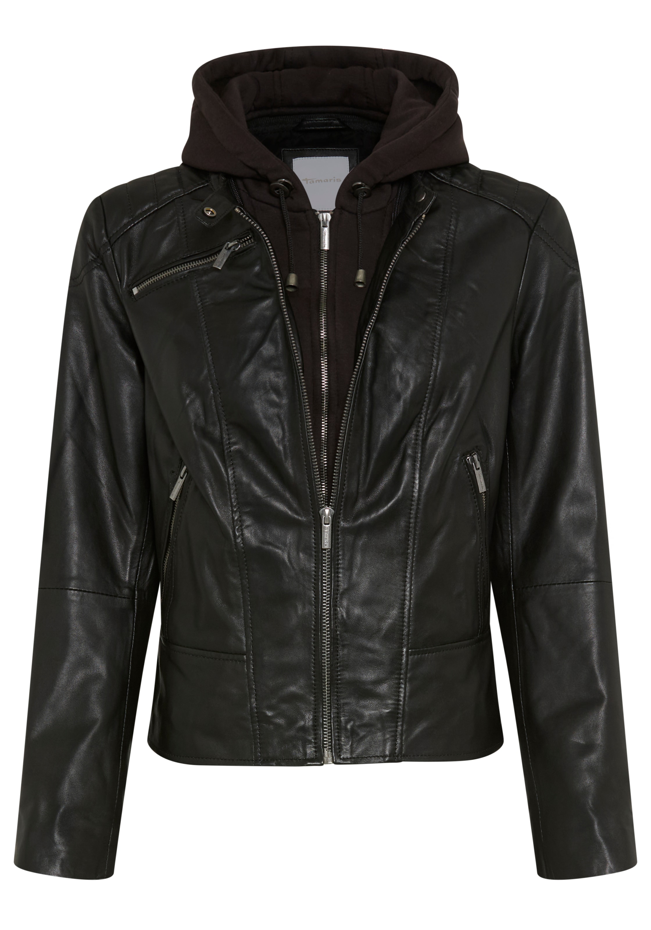 Tamaris Lederjacke mit Kapuze aus Lammleder, mit abnehmbarer Kapuze, sehr figurbetonte Passform