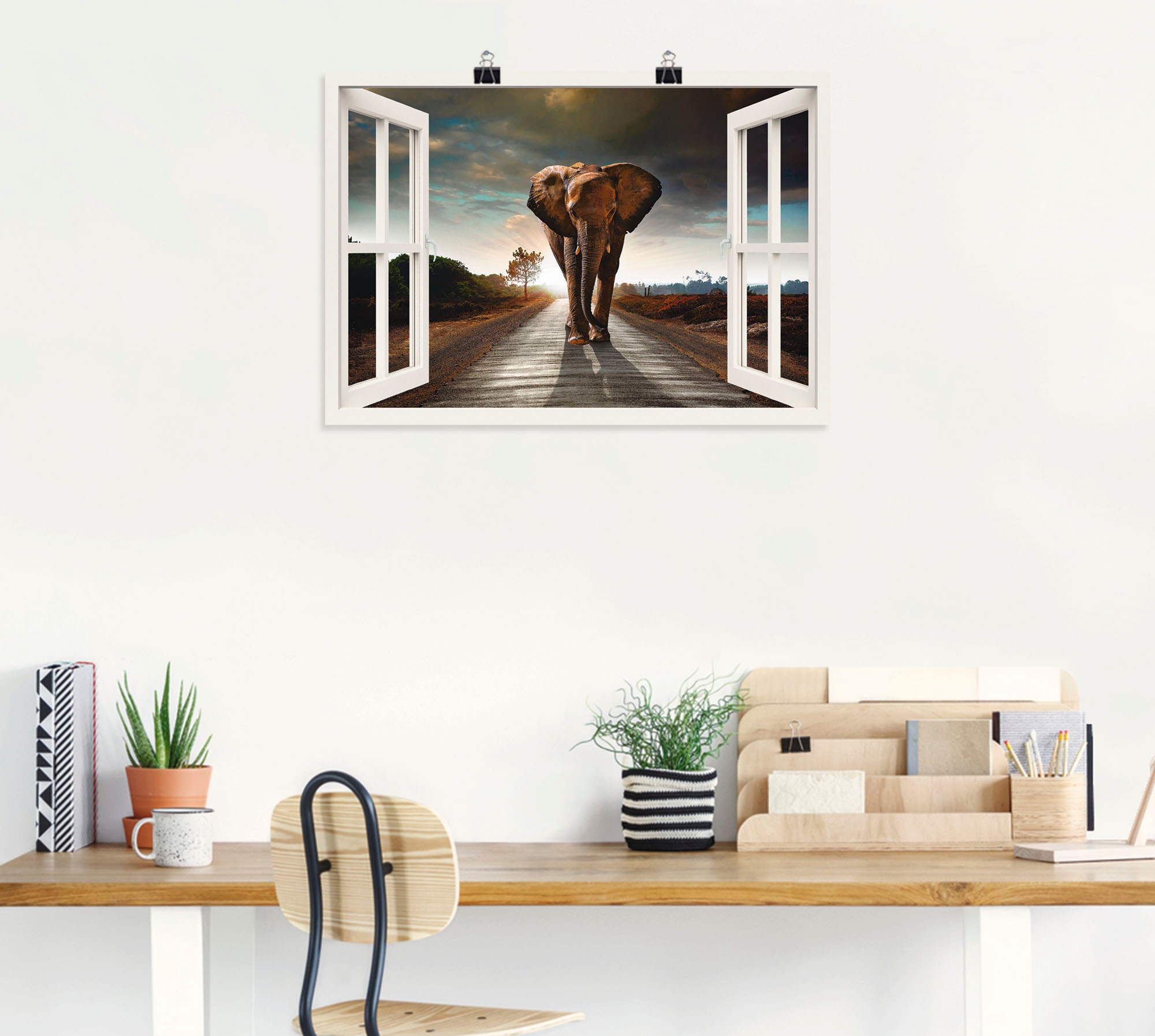 Artland Wandbild »Elefant auf Straße«, Fensterblick, (1 St.), als Leinwandbild, Poster in verschied. Größen