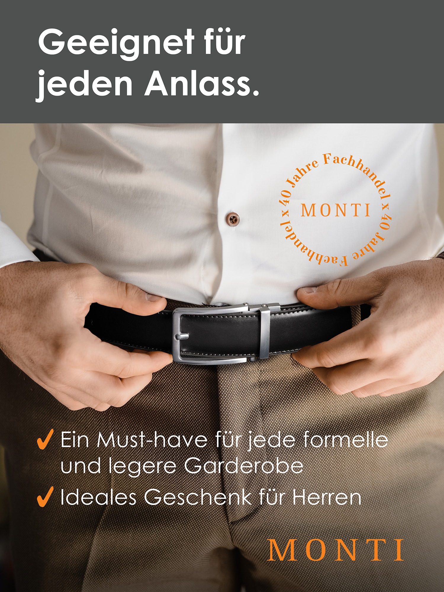 MONTI Ledergürtel, 3,5 cm breit, Klassisch-Business, Automatikschließe - Passt immer
