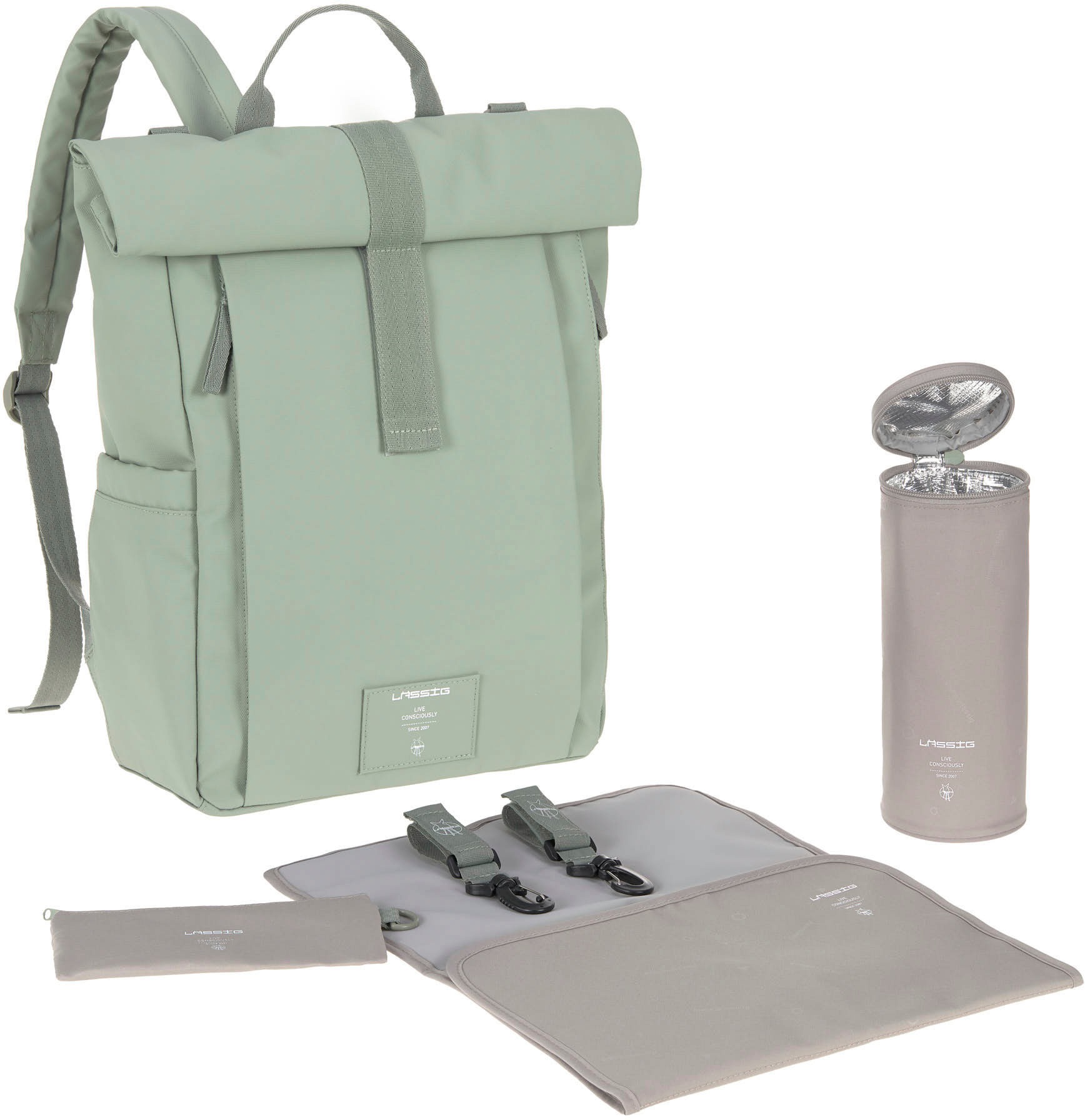 LÄSSIG Wickelrucksack »Green Label, Rolltop Up, silver green«, vegan; zum Teil aus recyceltem Material