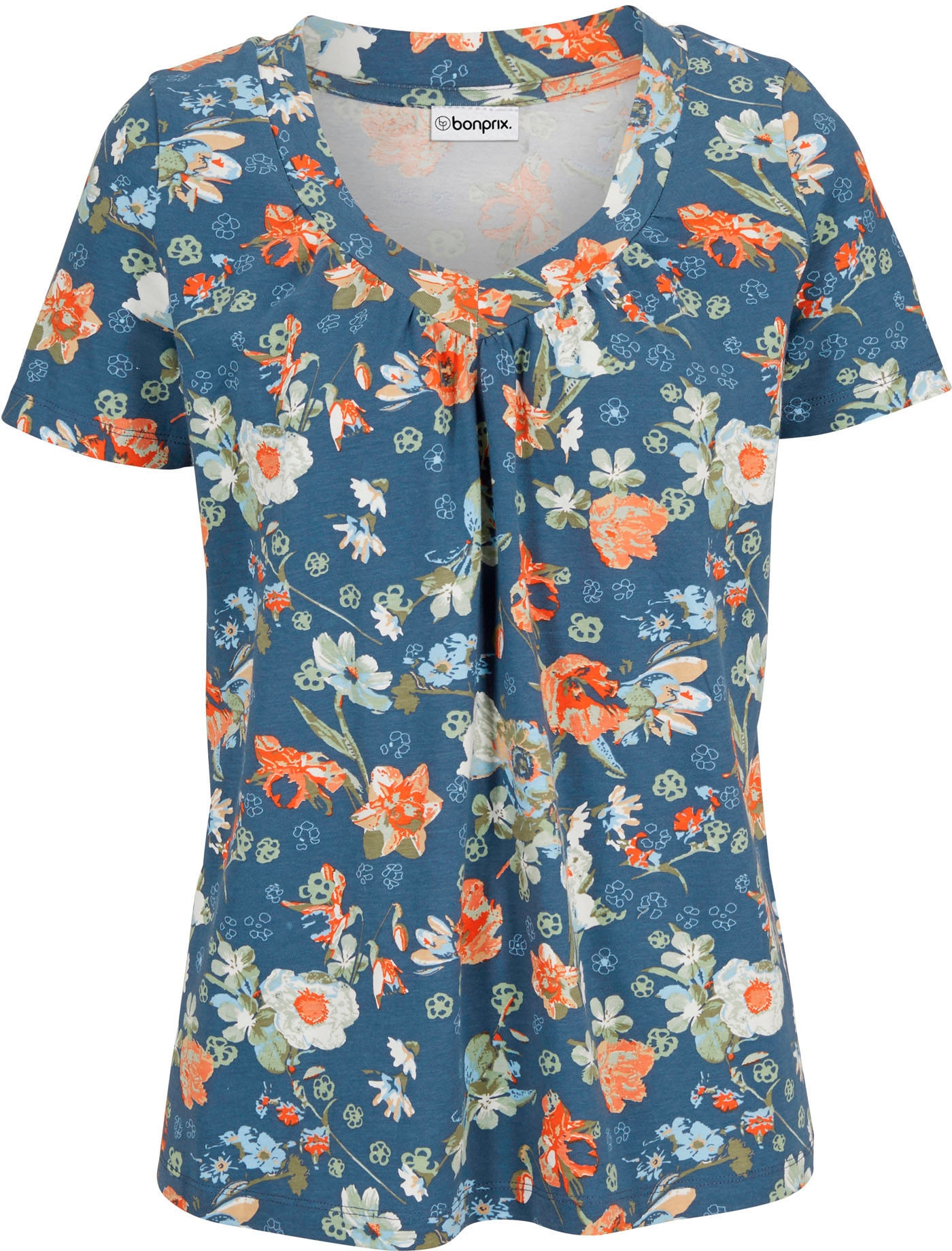 bonprix T-Shirt »Shirt mit Druck, kurzarm« lockere Passform, Kurzarm, mit All-Over Print, mit V-Ausschnitt