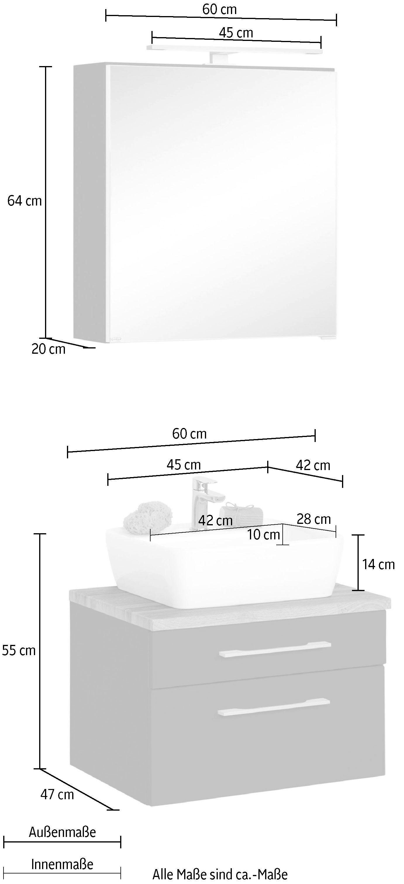 HELD »Davos«, Spiegelschrank Waschbecken Badmöbel-Set MÖBEL (2 bequem Breite 60 St.), mit rechteckigem bestellen cm,
