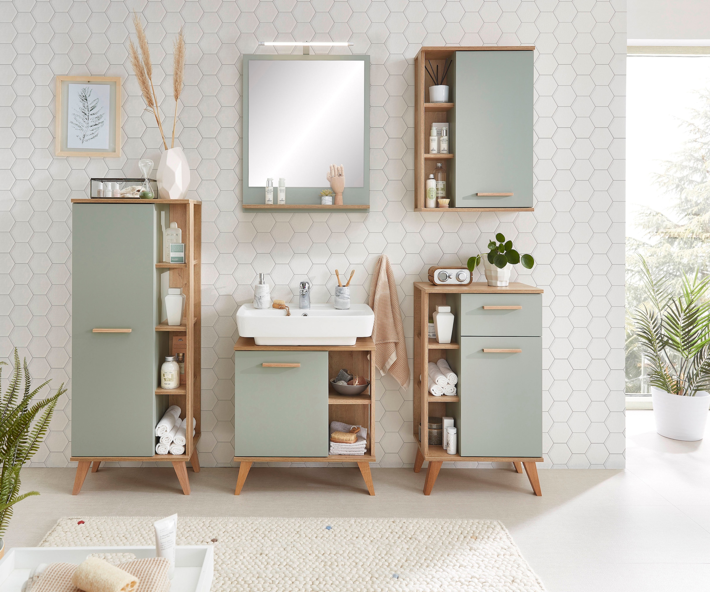 Saphir Waschbeckenunterschrank »Quickset 963 Unterbeckenschrank, Salbei Nachbildung, 1 Tür«, Waschbeckenschrank inkl. Türdämpfer, 60,5 cm breit, ohne Waschbecken