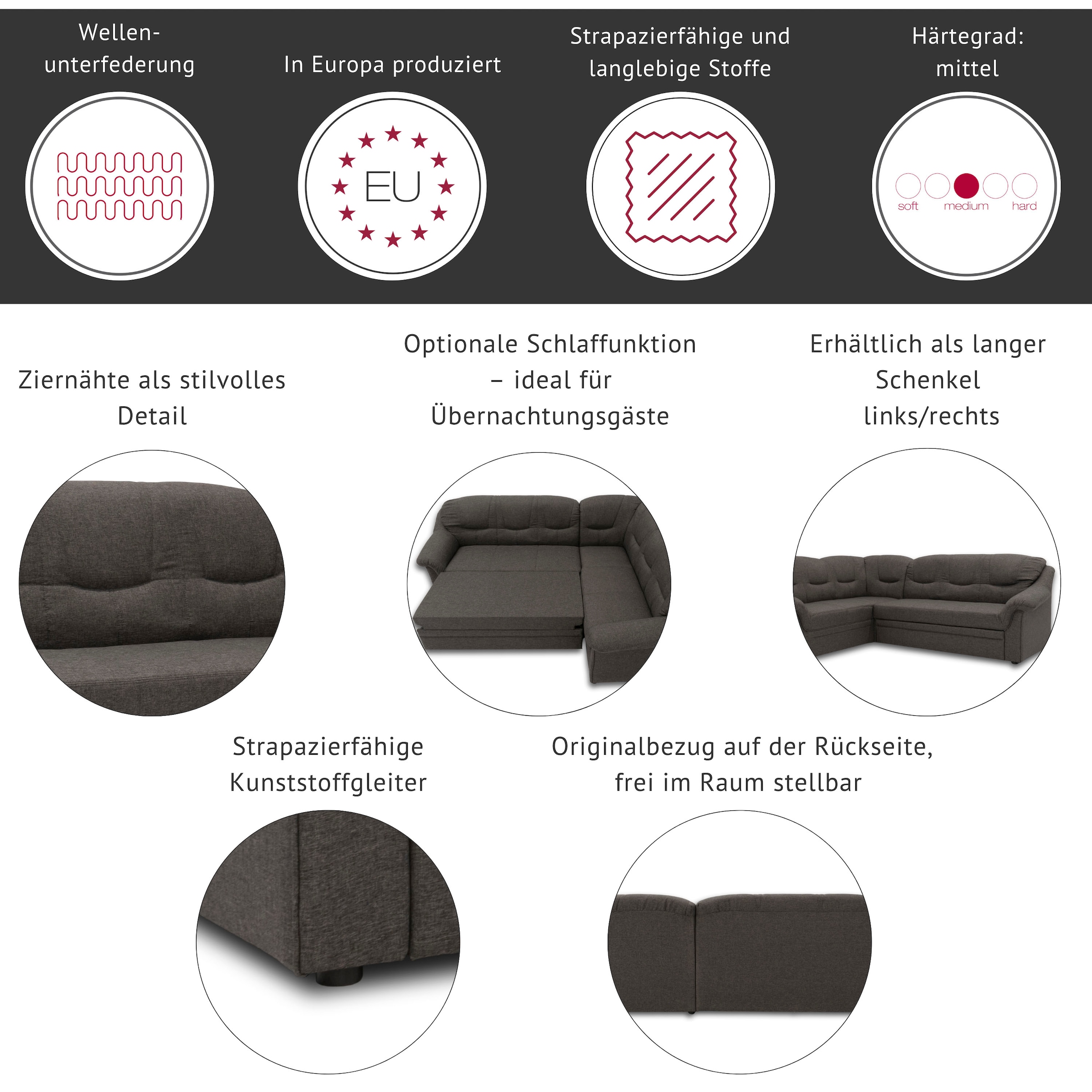 DOMO collection Ecksofa »Montana, zeitlose Rückensteppung, bequeme Armlehnen, L-Form« wahlweise mit Bettfunktion