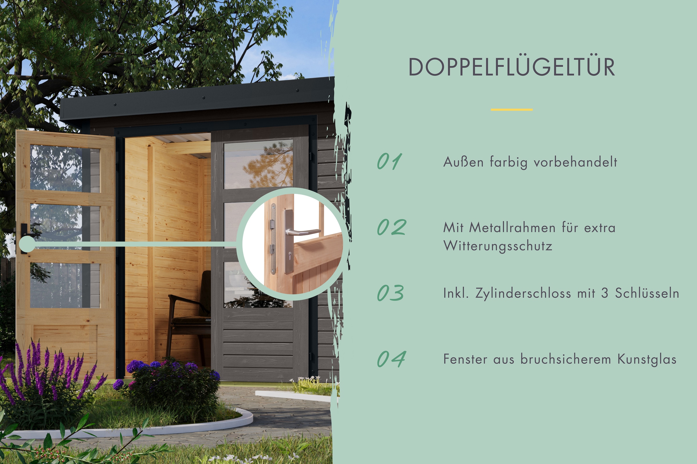 Karibu Gartenhaus »Plutino 1  SET, in verschiedenen Farben« inkl. Anbaudach