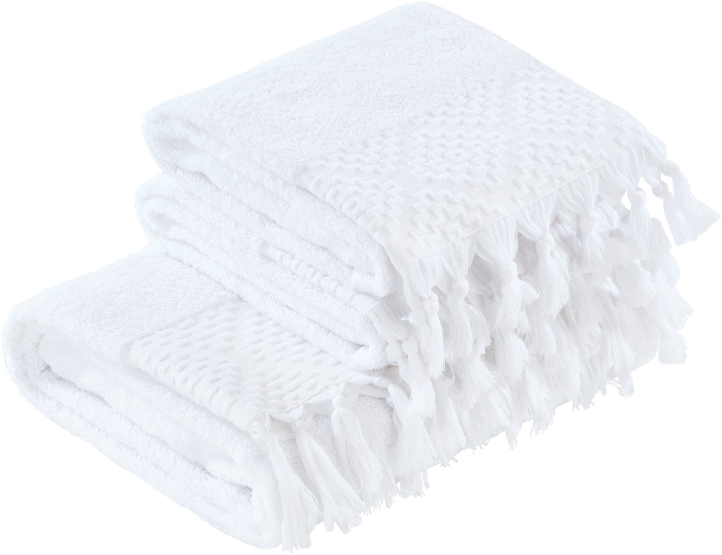 done.® Handtuch Set »Provence Bohéme«, (Set, 3 St., 1 Badetuch (70x140 cm)-2 Handtücher (50x100 cm), Uni-Farben, Boho-Style, mit auffälliger Borte & Fransen