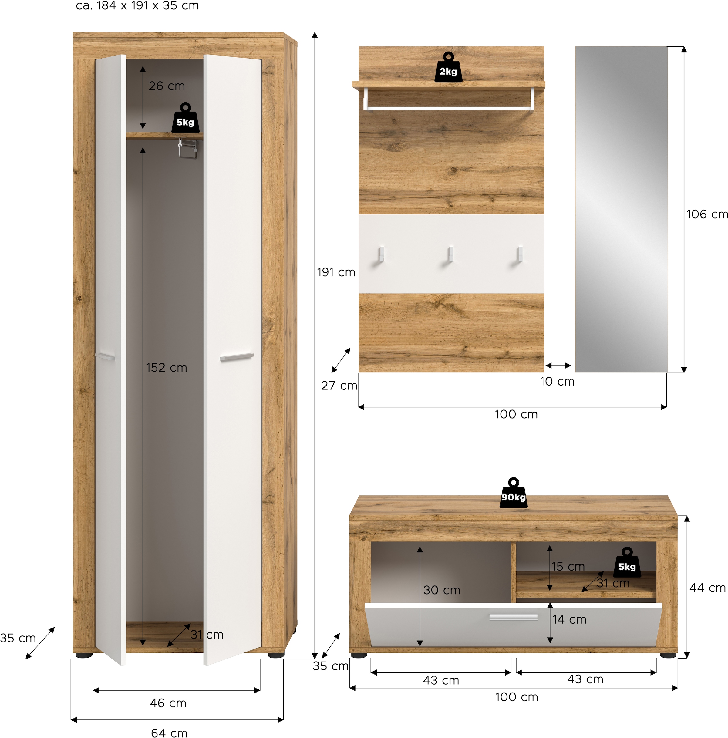 INOSIGN Garderoben-Set »Aosta«, (Set, 4 St.), Aosta, Höhe 191 cm, 4-tlg. Garderobenset, Flur, Diele