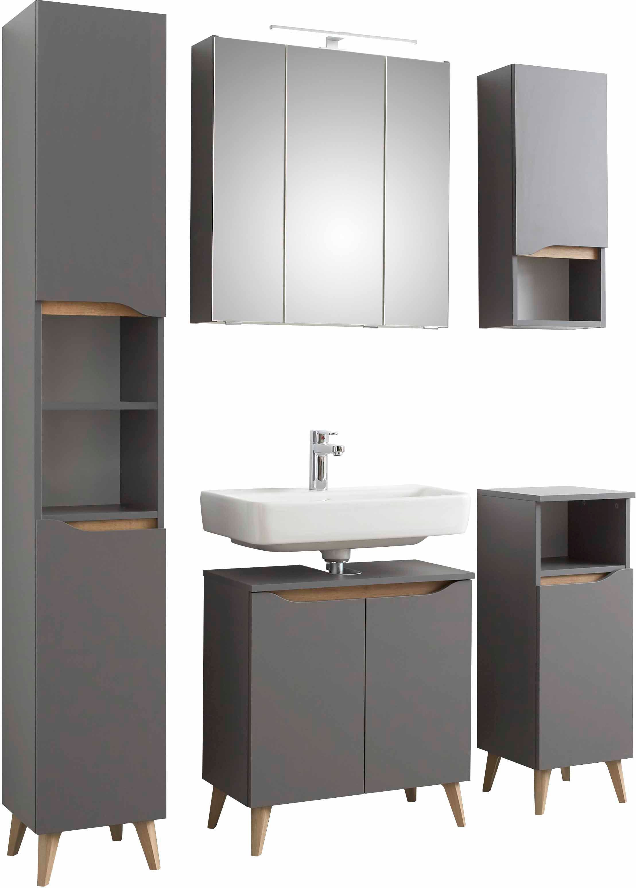 Saphir Badmöbel-Set »Quickset 5-teilig, Waschbeckenunterschrank mit LED-Spiegelschrank«, (5 St.), Hochschrank, Unterschrank, Hängeschrank, inkl. Türdämpfer, 9 Türen