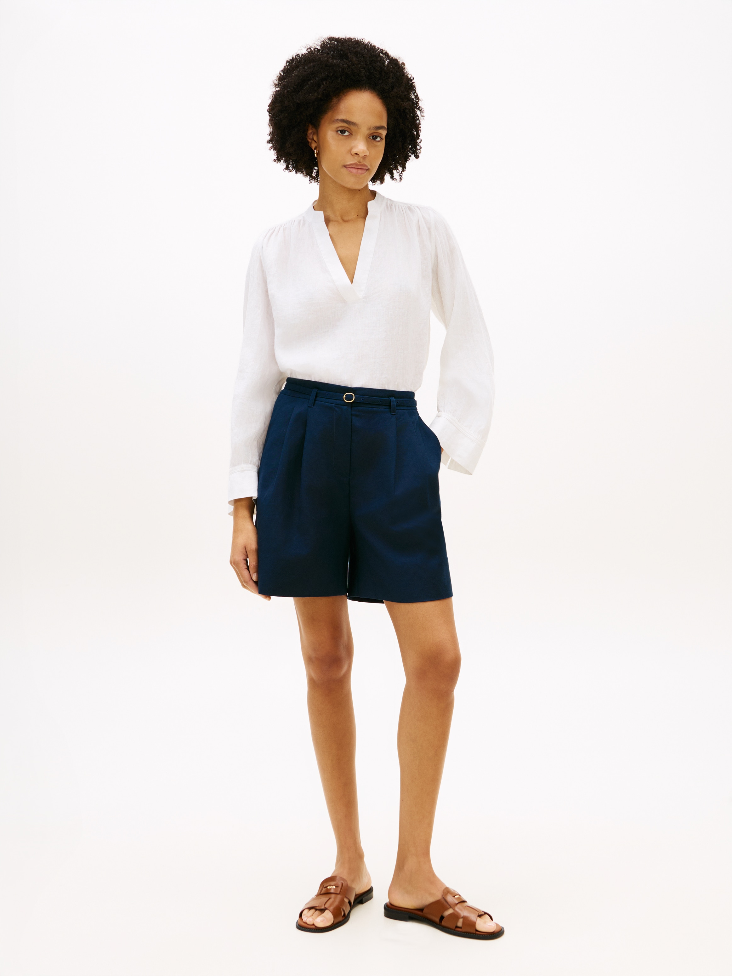 Tommy Hilfiger Langarmbluse »ESSENTIAL LINEN V-NECK LONGSLEEVE BLOUSE« mit gerafften Schultern, Relaxed Fit