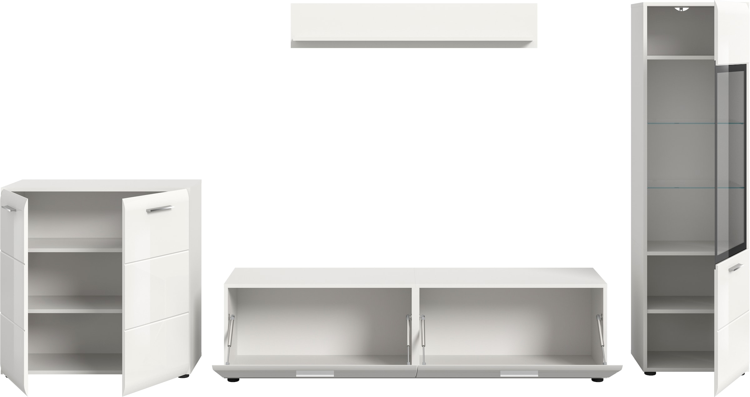 INOSIGN Wohnwand »FLORENZ, 4-teilige Wohn-Kombination, hochwertige MDF-Front« Set, Set, best. aus: 1 Kommode, 1 Lowboard, 1 Vitrine, 1 Wandboard, 4 Stk. tlg.