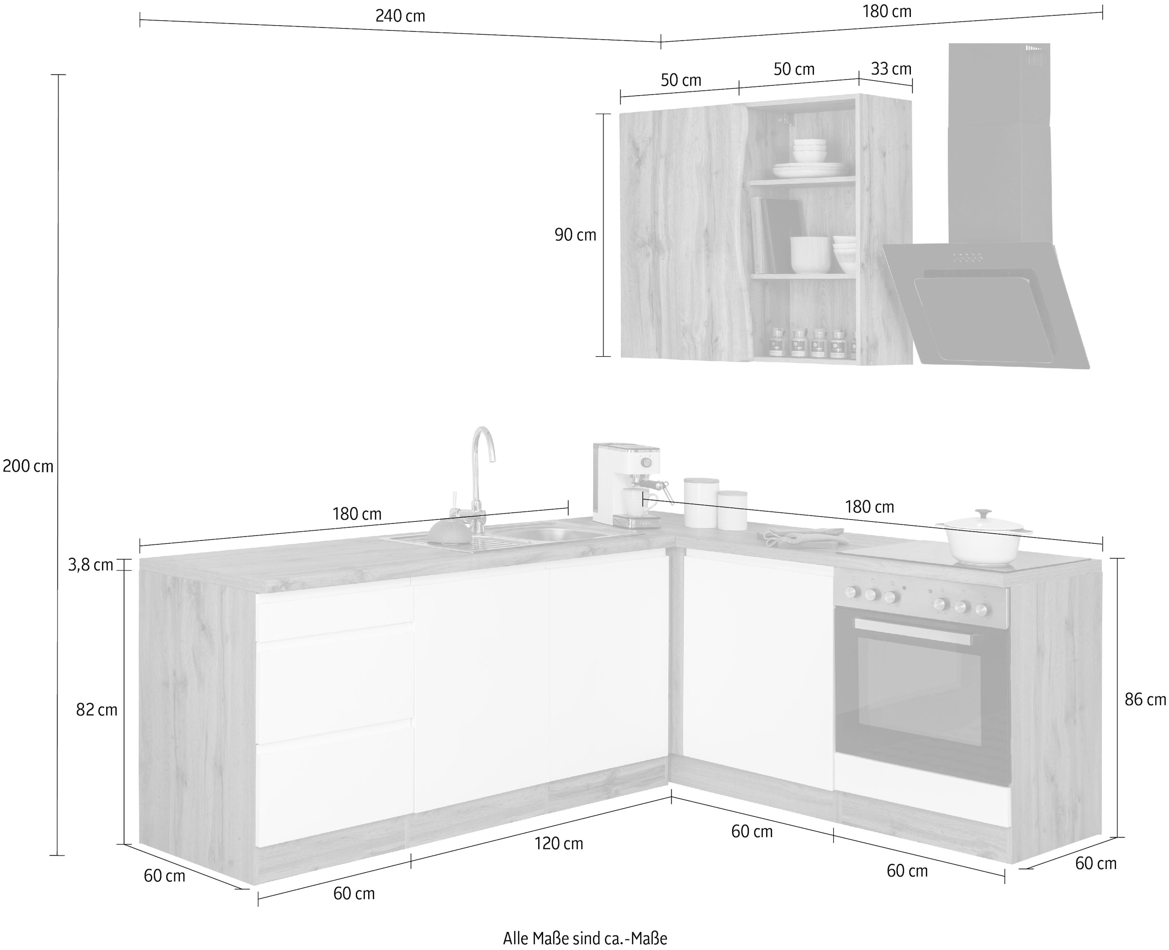 HELD MÖBEL Küche »Bruneck«, Stellbreite 240/180 cm breit, wahlweise mit  oder ohne E-Geräte, MDF auf Raten bestellen