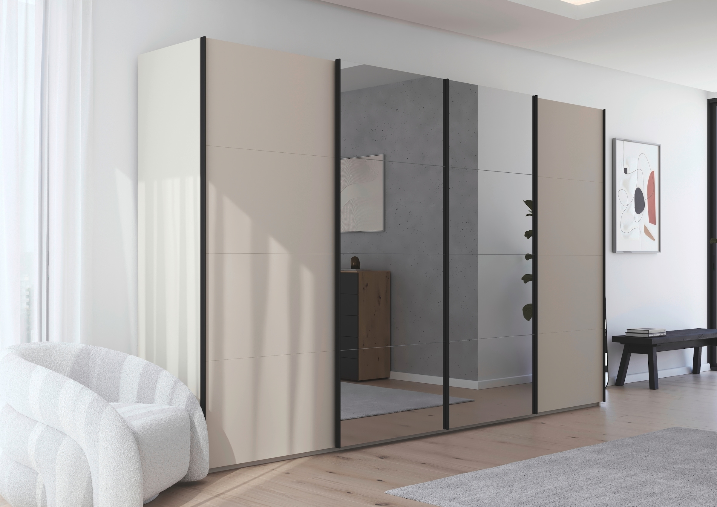 rauch Schwebetürenschrank »Kleiderschrank Schrank Garderobe Schlafzimmerschrank SCALE-FYRA«, edle viergeteilte Türen mit Spiegel und vielen Farben MADE IN GERMANY