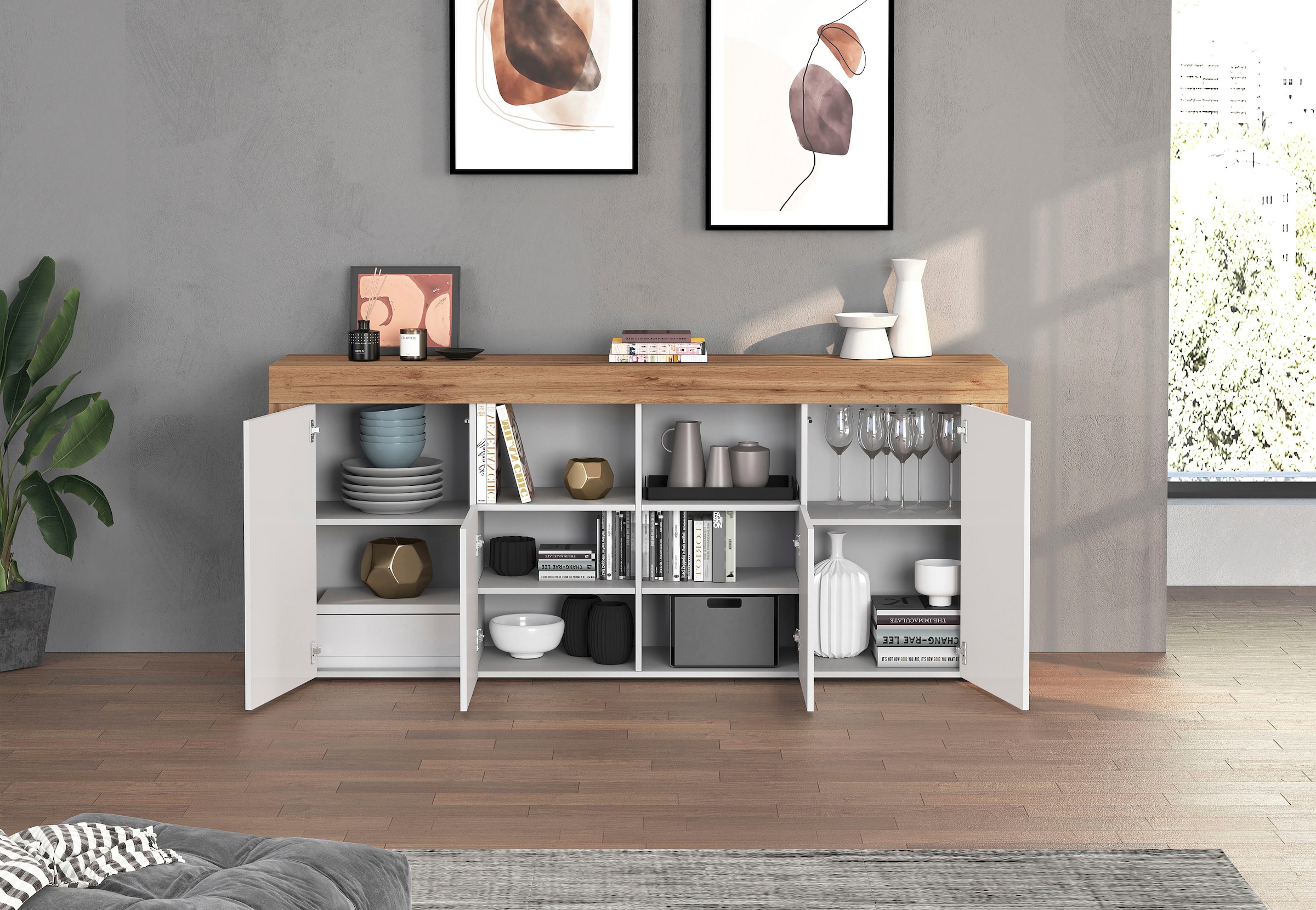 OTTO home Sideboard »CHRONOS Breite 200 cm  mit 4 Türen, 2 offene und 8 geschlossene Fächer« 1 Stk. tlg. Sideboard,Kommode, Schrank, Grifflos mit Push to Open, Made in Italy
