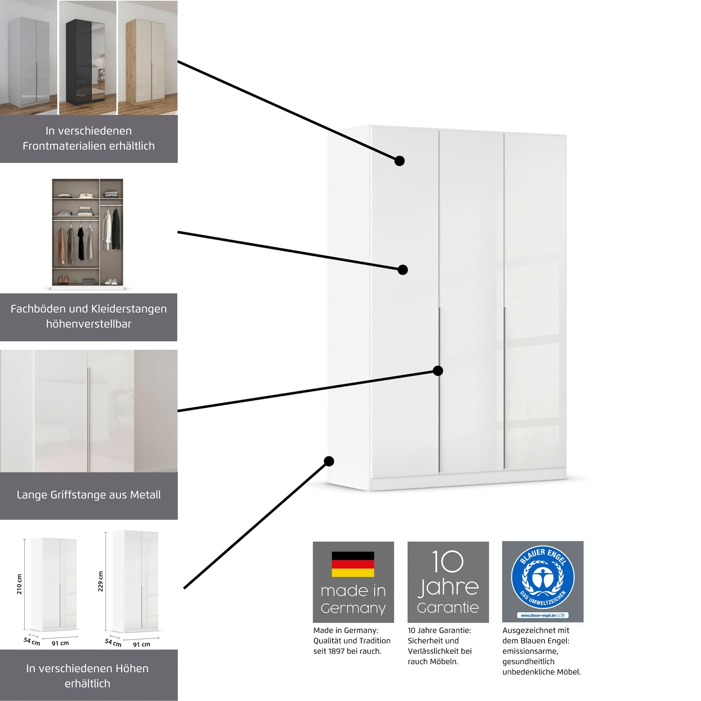rauch Drehtürenschrank »Kleiderschrank Schrank Garderobe AGORDO TOPSELLER Schlafzimmer«, (in zwei Griff-Farben, Breiten 91-360 cm, Dekor- oder Hochglanzfront), durchdachte Innenausstattung, in 7 Breiten und 2 Höhen MADE IN GERMANY