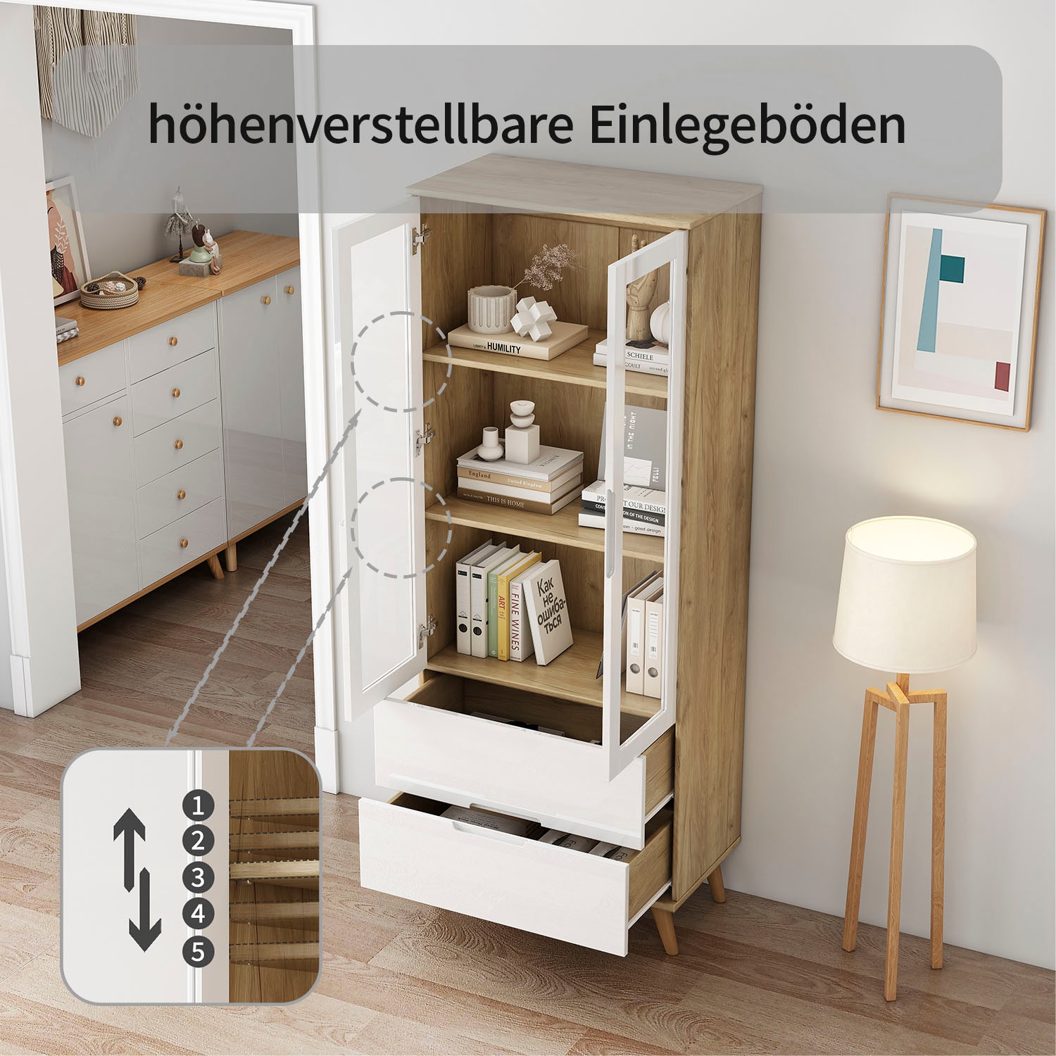 OTTO home Highboard »Lund« mit glänzenden Fronten, Glastüren, helles Holzdekor, Breite 70 cm