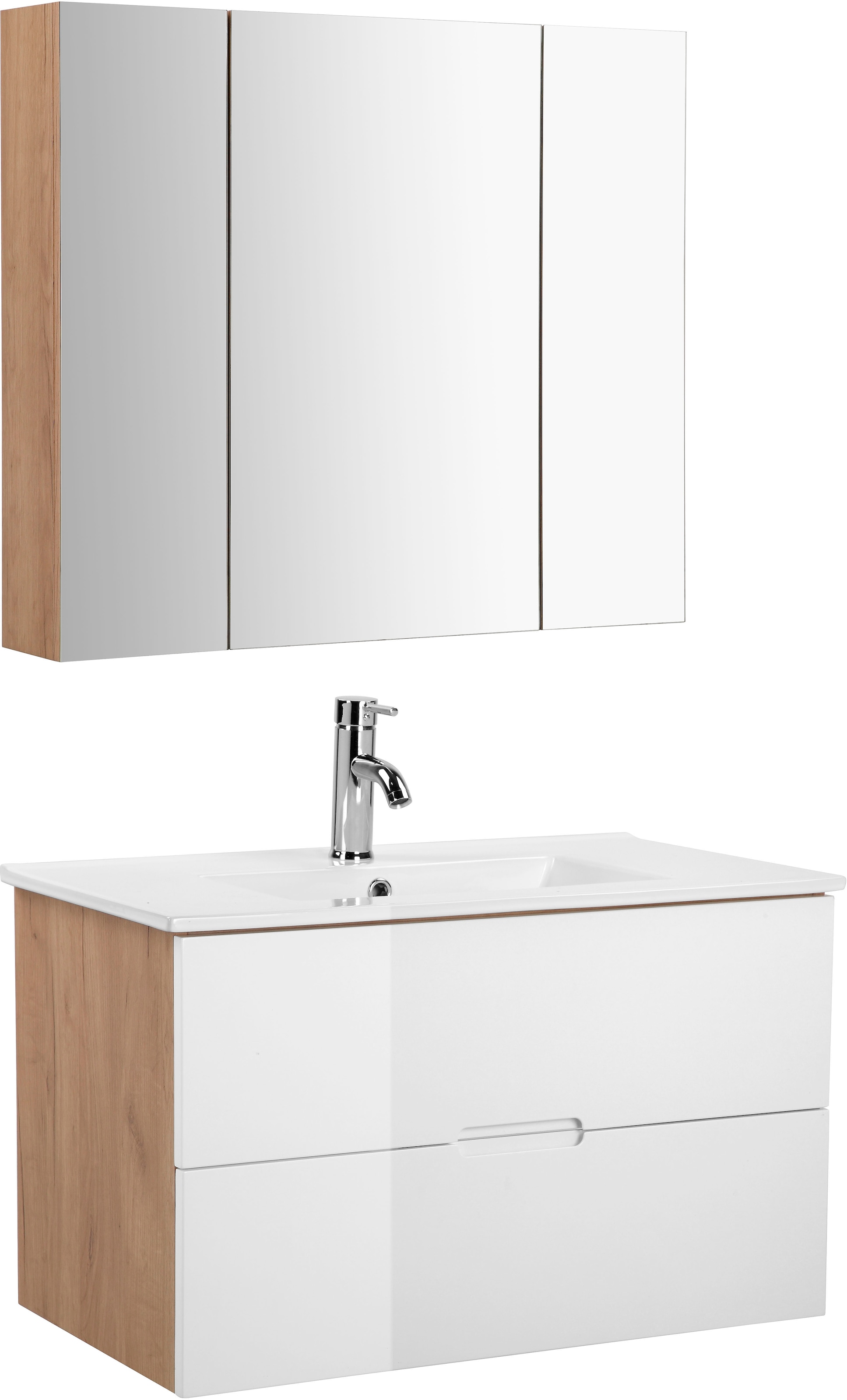 Raten Badschrank Badezimmerset«, Set »Lund (Komplett-Set, und Waschtisch, auf St.), andas Breite Becken Badmöbel Badmöbel-Set bestellen 80cm 3 Spiegelschrank