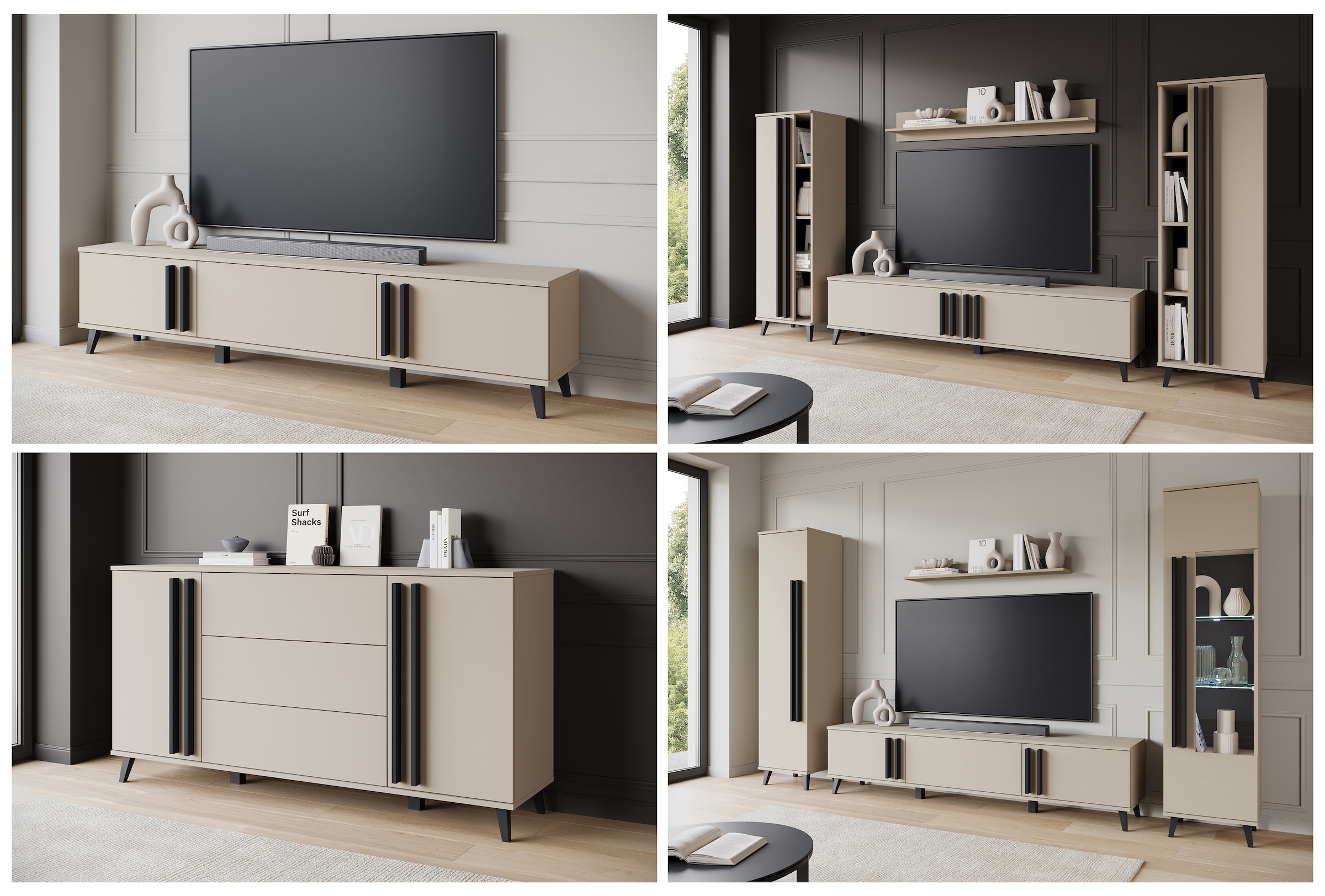 INOSIGN Wohnwand »Helsinki, Modernes Möbelset«, (Komplett-Set, 4 St.), mit lamellengriffen, verstellbaren Einlegeböden und Kunststofffüßen