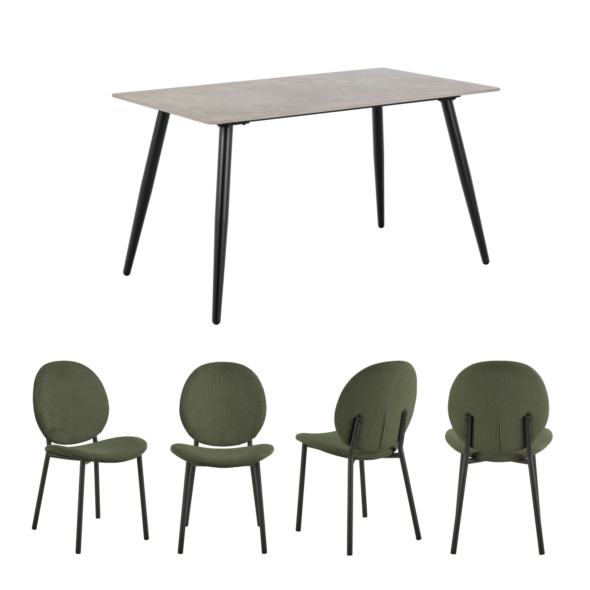 ACTONA GROUP Esszimmer-Set »Essgruppe, Speisetisch mit Stühlen«, (Komplett-Set, 5 St., 1x Tisch + 4x Stühle), Rechteckig Esstisch + 4x Stühle, grau keramik, waldgrün,140x80x75cm