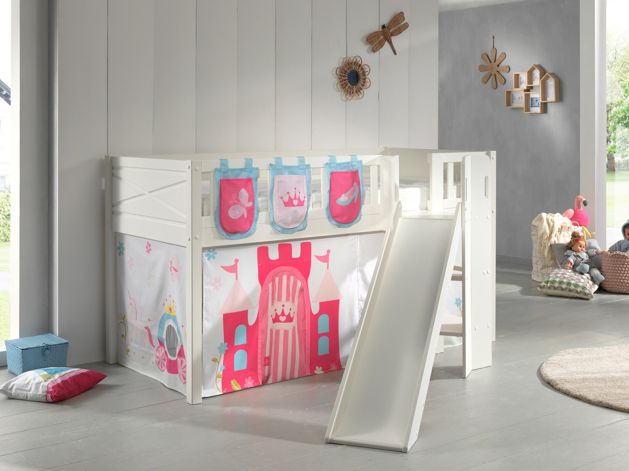 Vipack Hochbett »Scott«, (Made in Europe), m. Rutsch-/Leiterturm, LF 90x200 cm, Vorhang, Tasche, 4 Designs