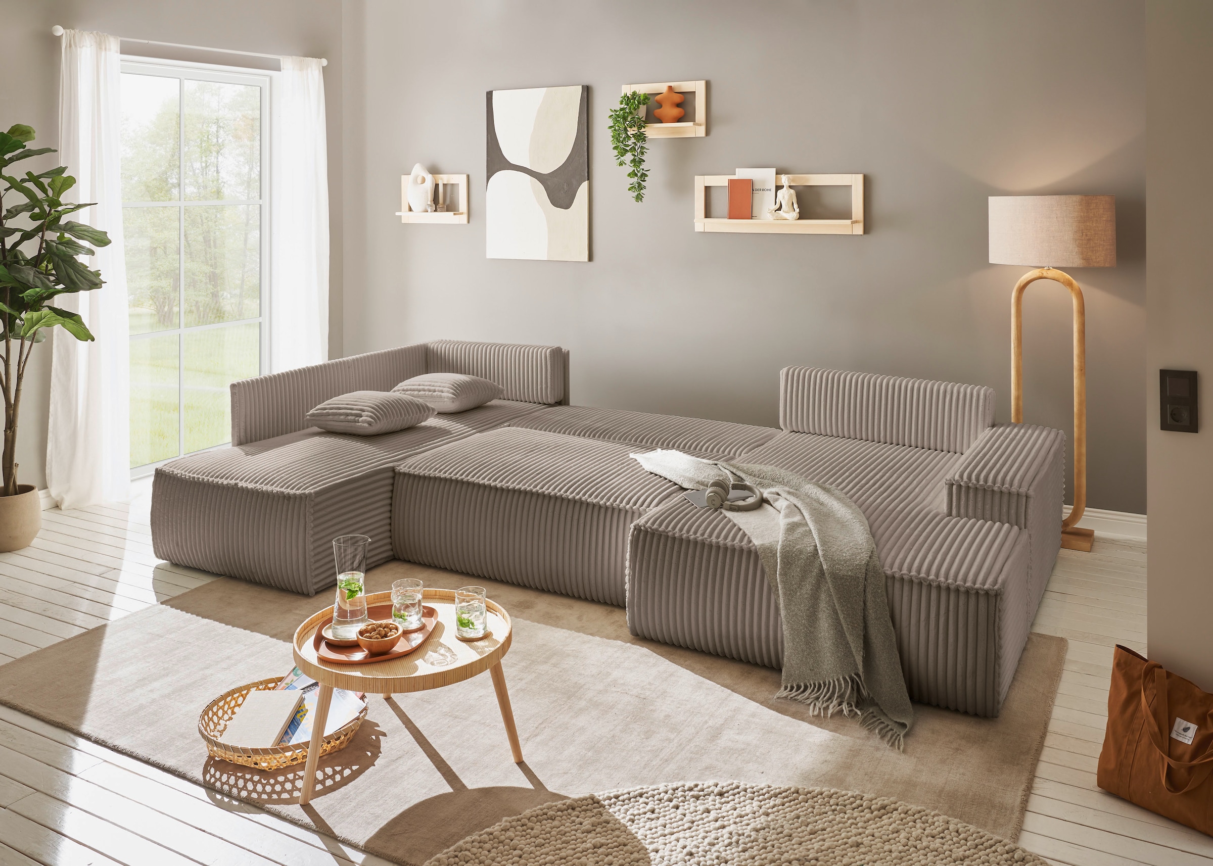 OTTO home Wohnlandschaft »FINNLEY U-Form XXL 329 cm - OTTO. Verlässliche Qualität.« Schlafsofa, Bettkasten, in Bouclé, Struktur fein und Mega Cord