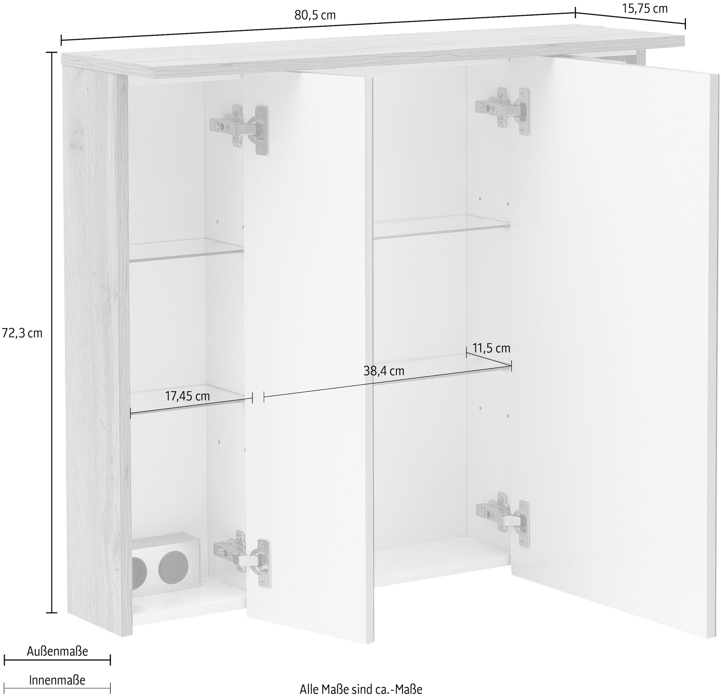 Schildmeyer Spiegelschrank »Nora«, Breite 80,5 cm, 3-türig, LED-Beleuchtung, Schalter-/Steckdosenbox