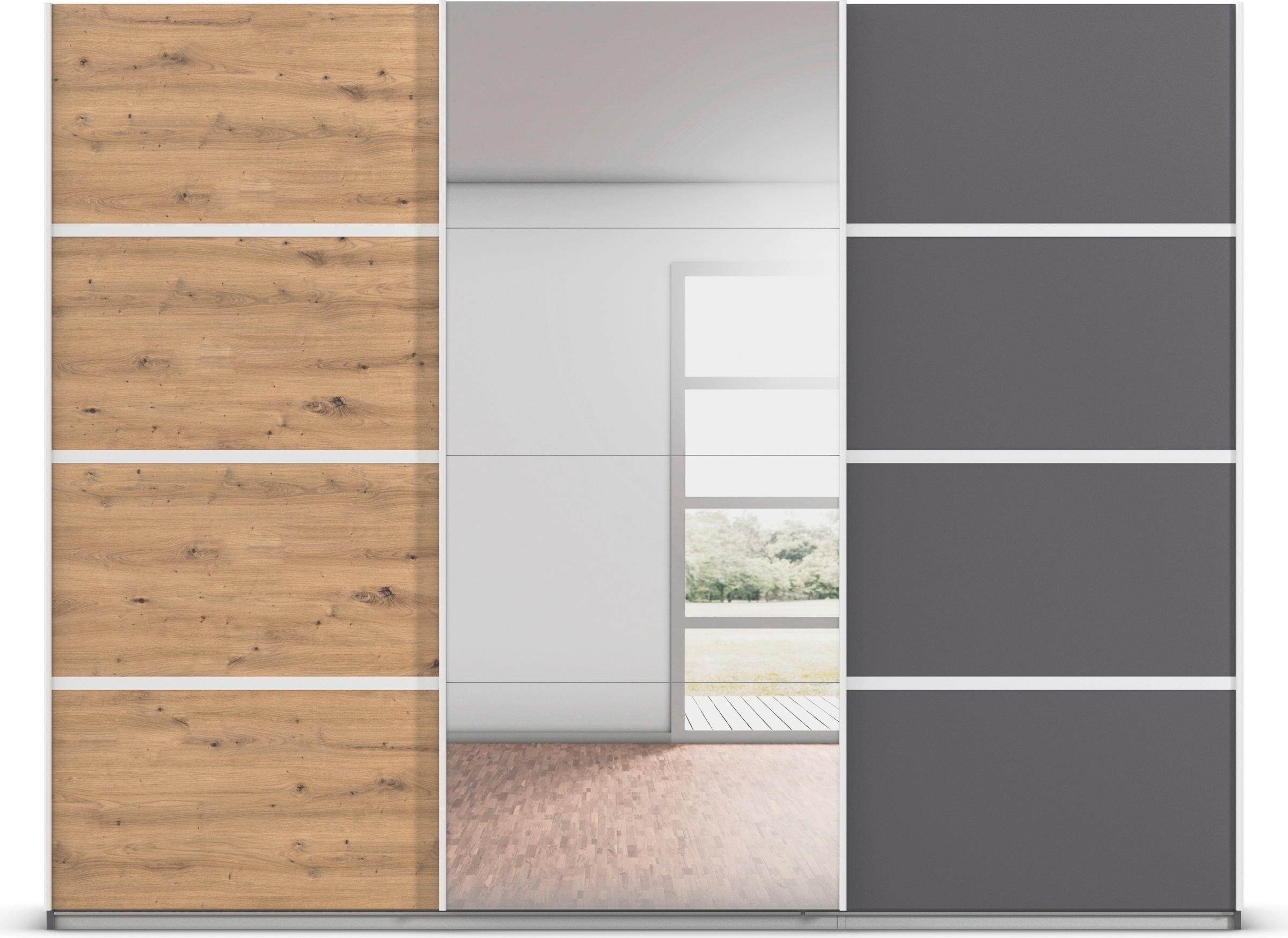 rauch Kleiderschrank »Schwebetürenschrank OTTO´s Choice Garderobe Schrank TOP ANGEBOT Avola«, (in 3 verschiedenen Ausstattungen BASIC/CLASSIC/PREMIUM inkl. Spiegel), mit eleganten Zierleisten in Chrom, Schwarz oder Weiß MADE IN GERMANY