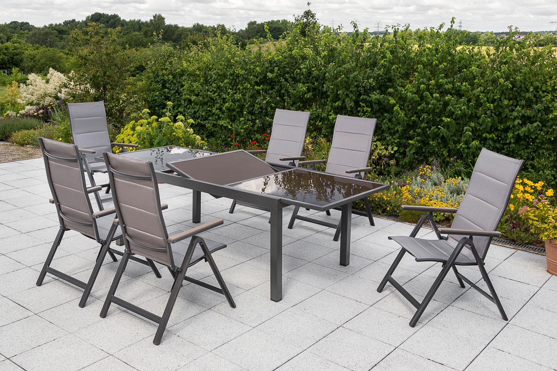 MERXX Garten-Essgruppe »»Trivero««, (Set, 7 tlg., 5-fach verstellbare Rückenlehne, Gepadded), Ausziehtisch: LxB: 140-200 x 90 cm