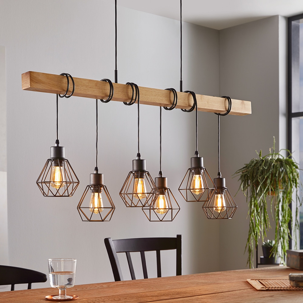 EGLO Pendelleuchte »TOWNSHEND 5«, 6 flammig-flammig, Vintage Pendelleuchte, Industrial, Retro Lampe aus Stahl und Holz, E27