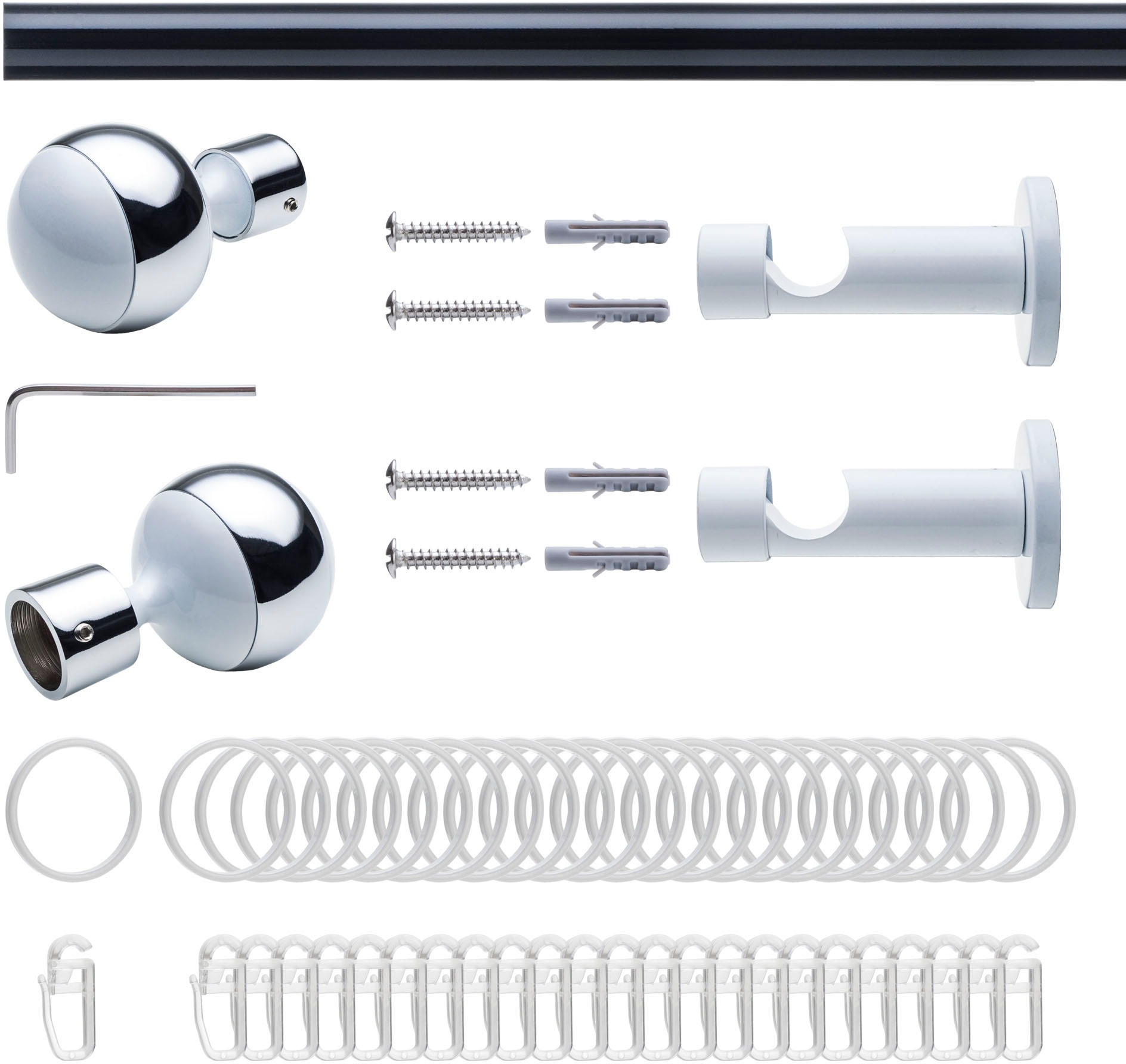 Liedeco Gardinenstange »Fertigstilgarnitur 20 mm Power Celebration Kugel mit Ring«, 1 läufig-läufig, Fixmaß, Gardinenstange Komplett, Farbkombination