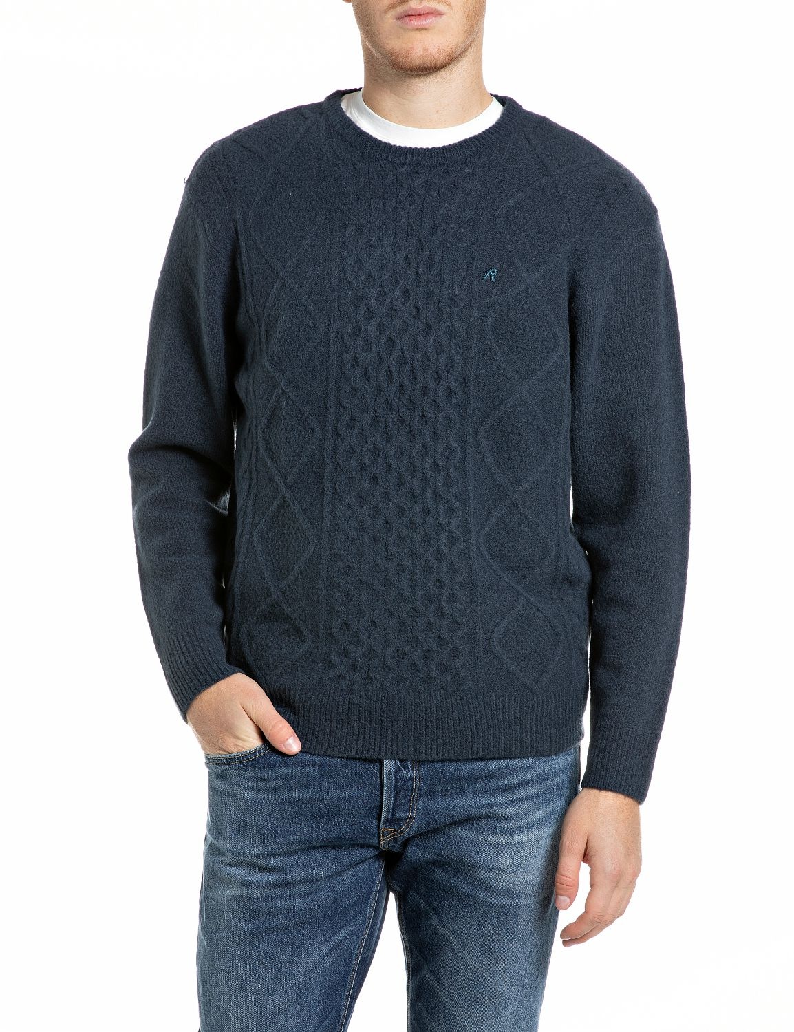Replay Strickpullover mit Zopfmuster, Materialmix mit Woll-Anteil