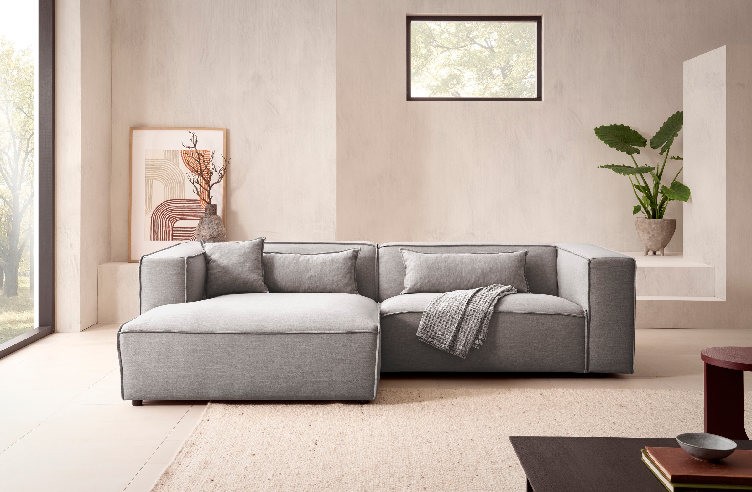 LeGer Home by Lena Gercke Ecksofa »PIARA mit Kedernaht, Cord, Leinenoptik o. Strukturstoff, Couch, L-Form«, wahlweise Ottomane rechts/links, schwarze Füße, bequemer Sitzkomfort
