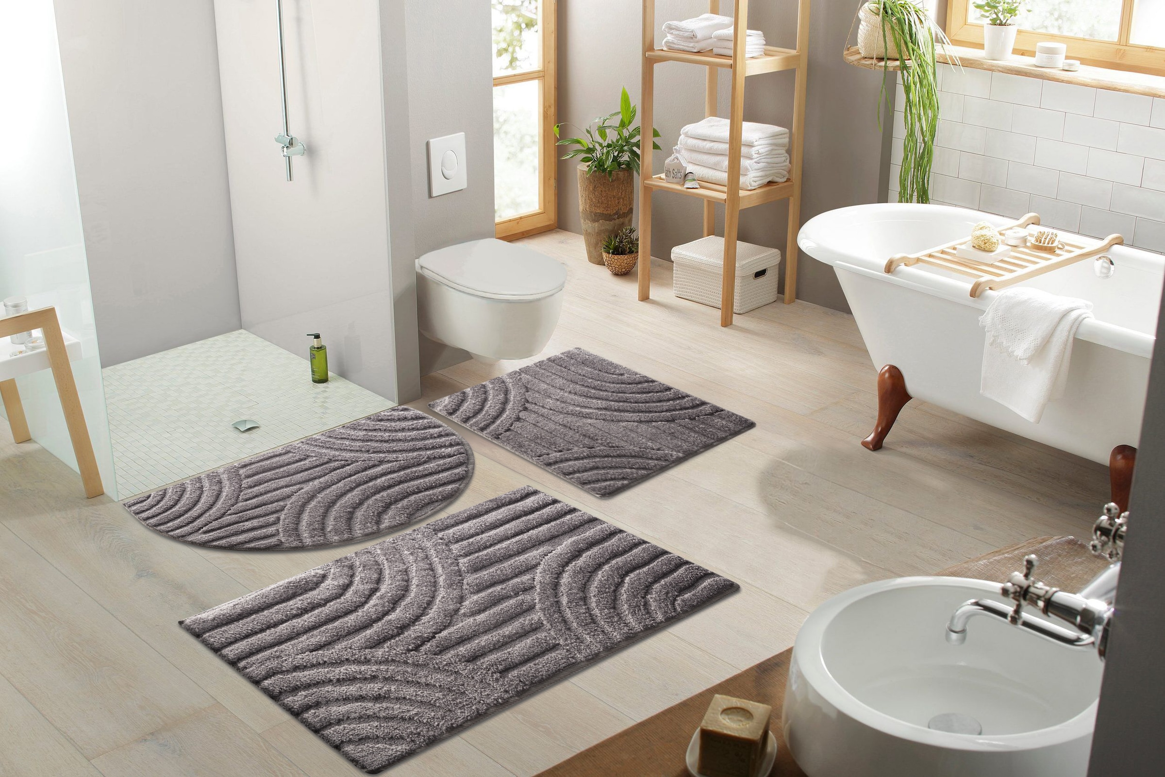 my home Badematte »Regona Scandi, Badvorleger, Badezimmer Teppich, Duschvorleger«, rutschhemmend beschichtet, strapazierfähig, Badteppich, Uni Farben, Hoch-Tief-Effekt, modernes Muster, Zen