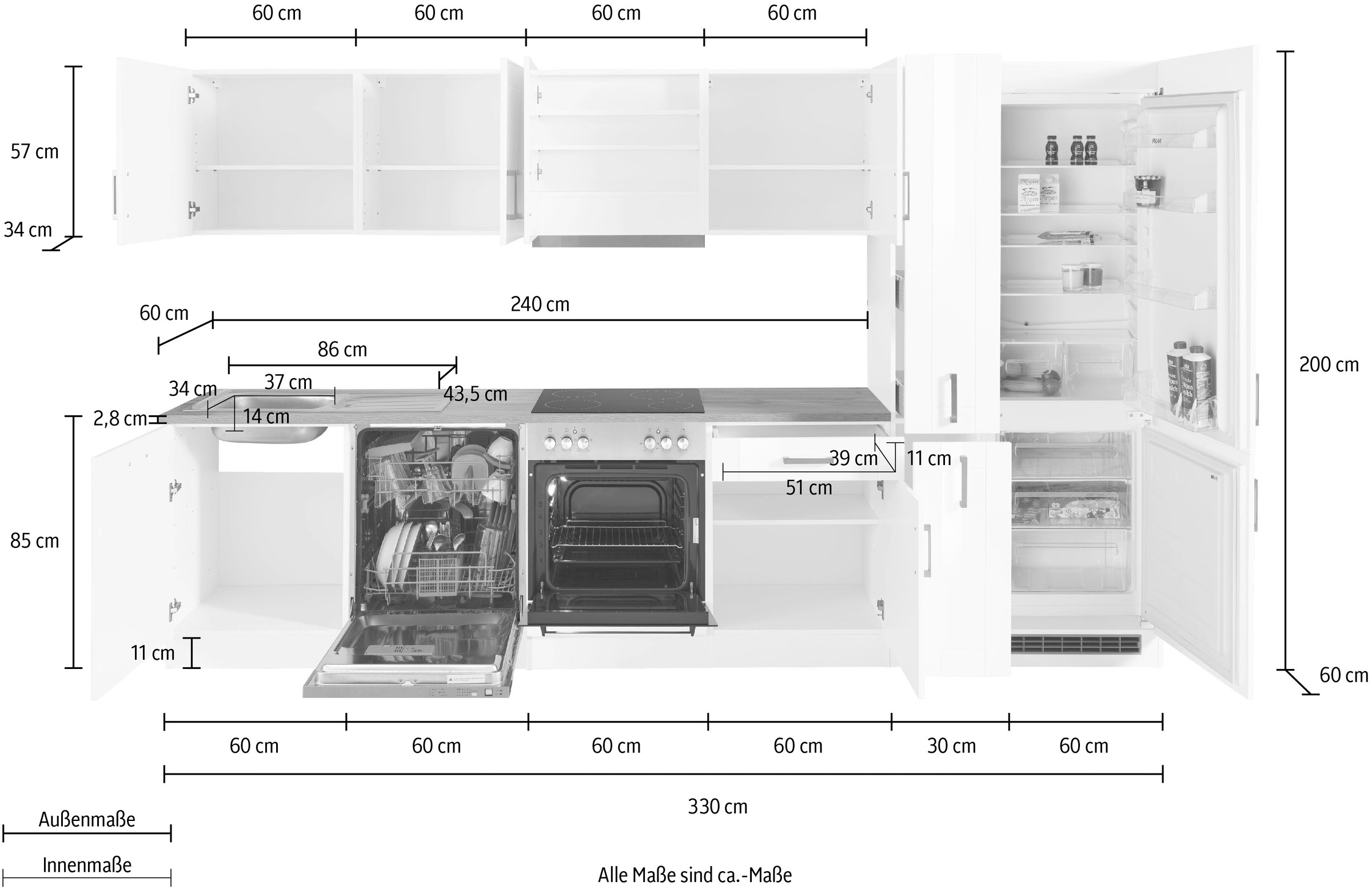 KOCHSTATION Küchenzeile »KS-Tinnum« mit E-Geräten, Breite 330 cm