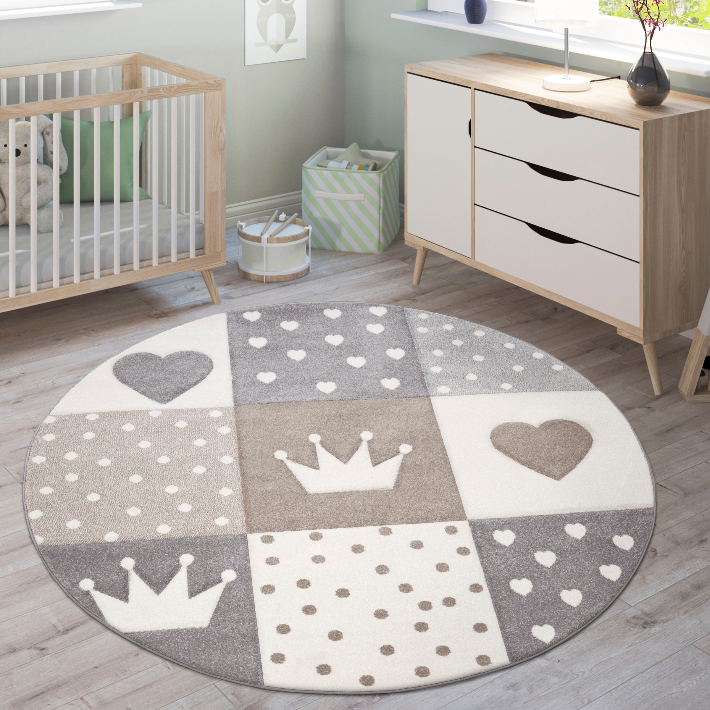 Paco Home Kinderteppich »Cosmo 339«, rund, 16 mm Höhe, Kurzflor, Pastell-Farben, 3D-Effekt, Motiv Herz, Punkte & Krone
