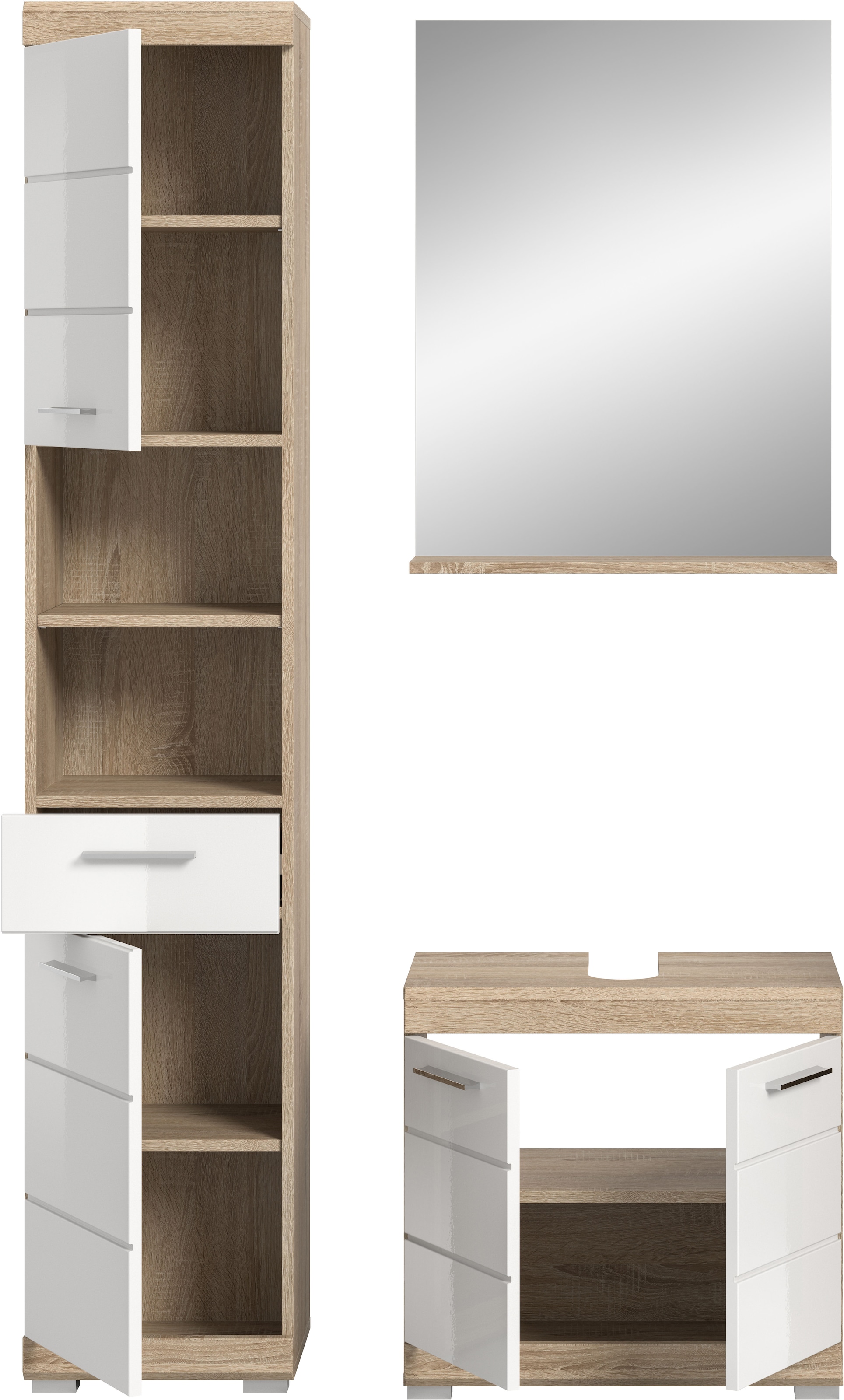INOSIGN Badmöbel-Set »Siena, 3 teilig, bestehend aus:«, (Set, 3 St., TOPSELLER!), Hochschrank, Waschbeckenunterschrank, Spiegel