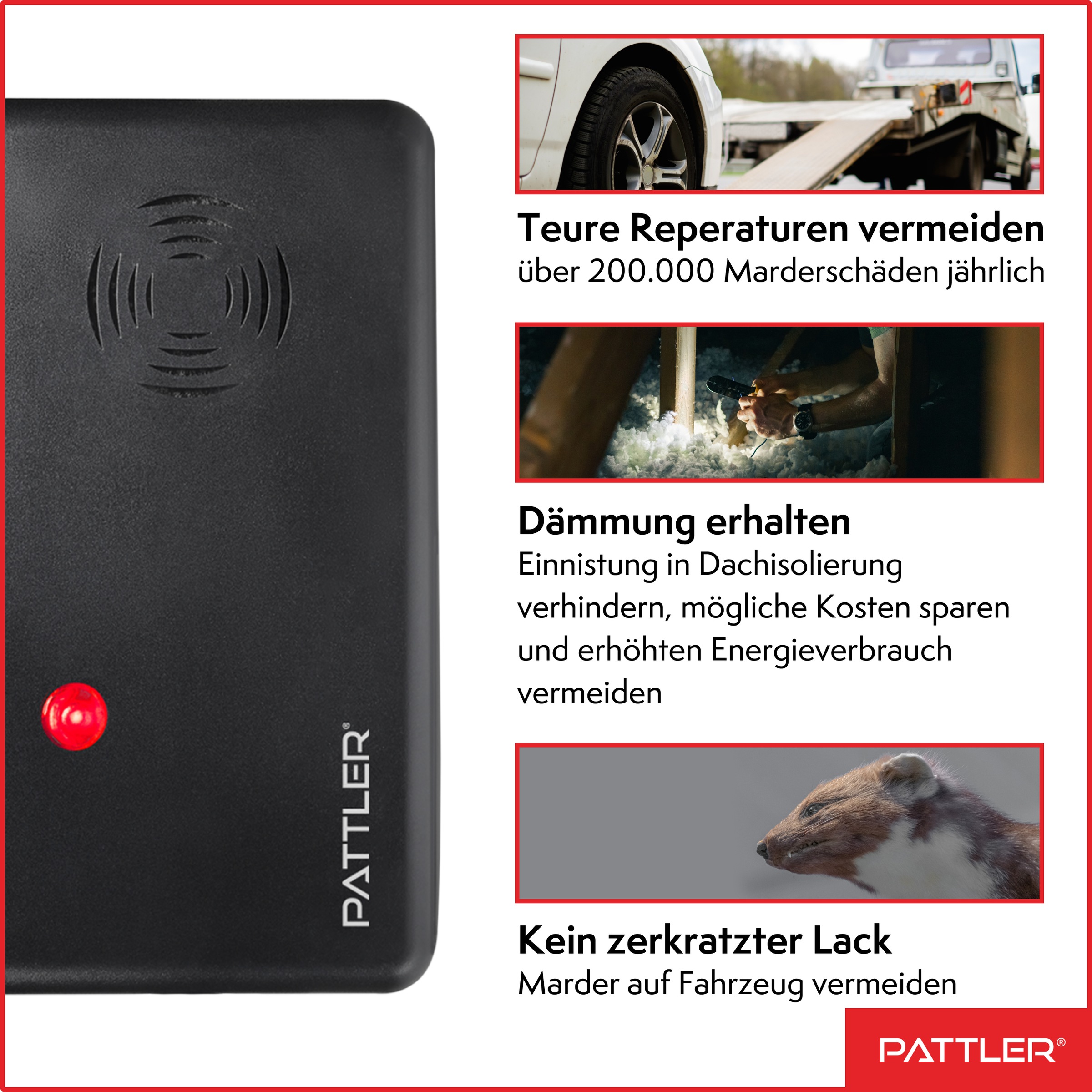 Pattler Ultraschall-Tierabwehr »Marderschreck mit  Hochfrequenztönen« 1 Gerät für ca. 60 m²
