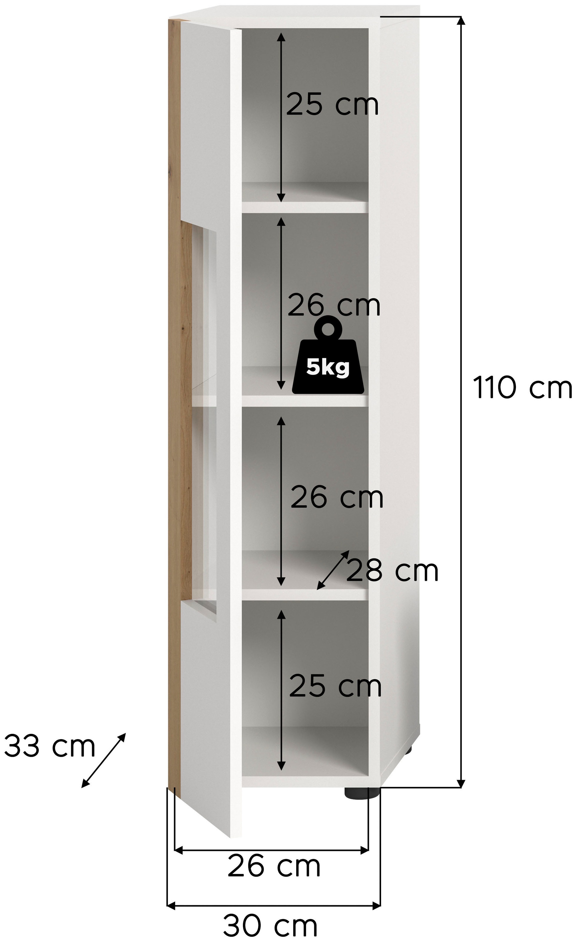 INOSIGN Vitrine »Svala, Höhe 112 cm, Holzdekor, 1 Tür«, (1 St.), 3 Einlegeböden, Vitrinenschrank, Schrank, Wohnschrank