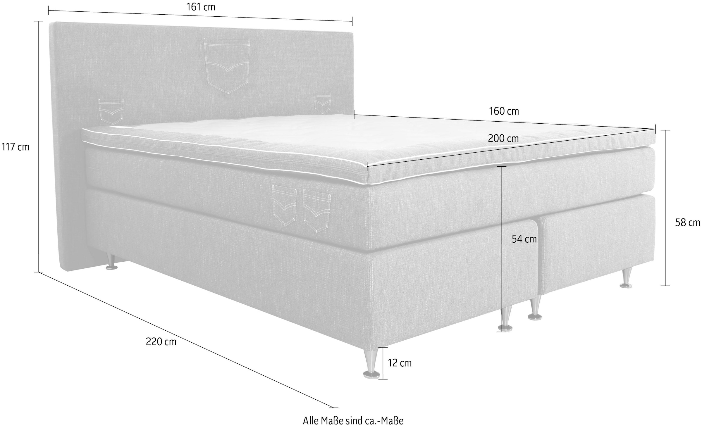 INOSIGN Boxspringbett »Zahara«, inkl. Topper, besonderes Highlight: aufgenähten Jeanstaschen - Optik