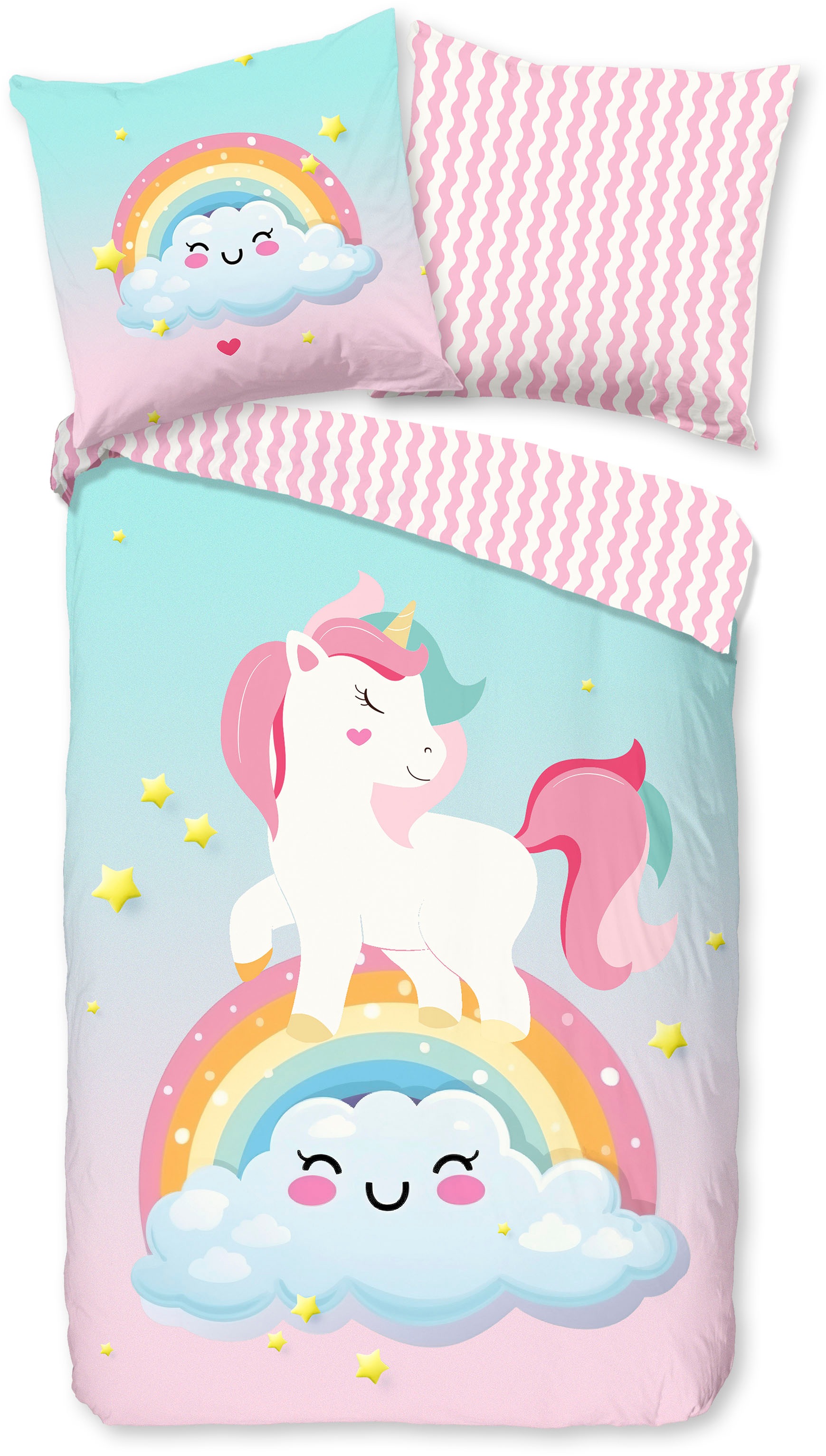 good morning Kinderbettwäsche »Sweety«, Baumwolle, 135x200, Wendeoptik, Kind, Einhorn, Regenbogen, Rosa, Multi